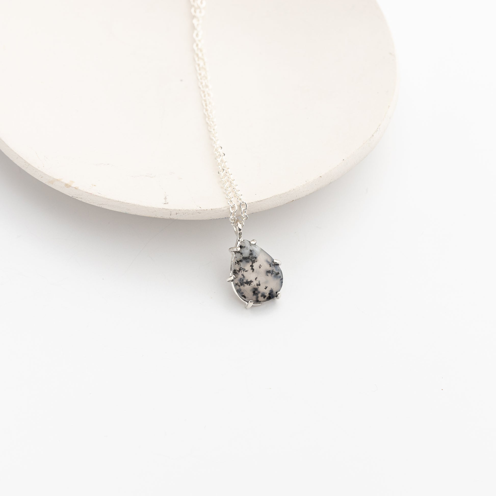 Prong Set Dendritic Agate Pendant Necklace on Sterling Silver Chain, Handmade Sterling Silver Jewelry with Natural Stones, One of a Kind Artisan Made Jewelry