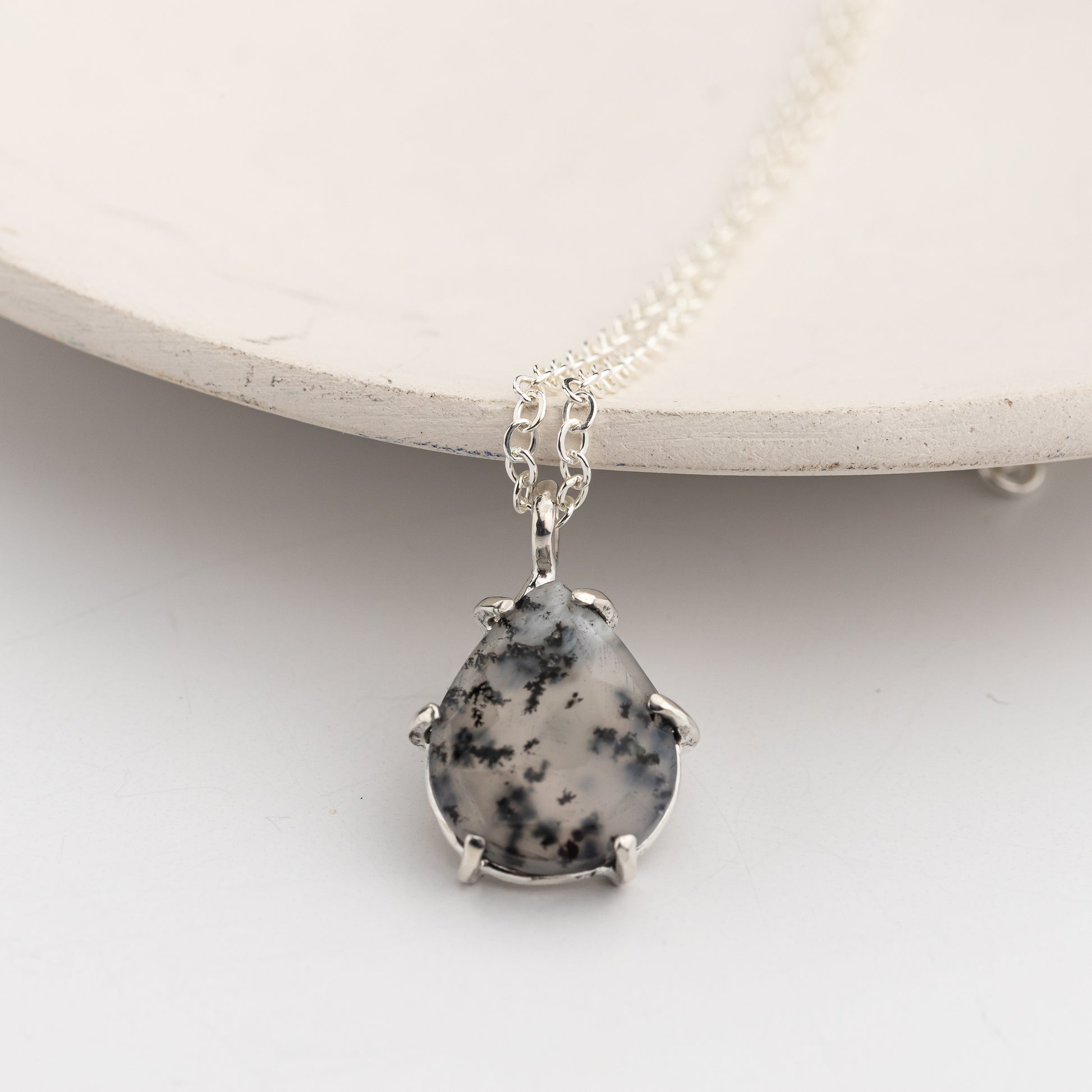 Prong Set Dendritic Agate Pendant Necklace on Sterling Silver Chain, Handmade Sterling Silver Jewelry with Natural Stones, One of a Kind Artisan Made Jewelry