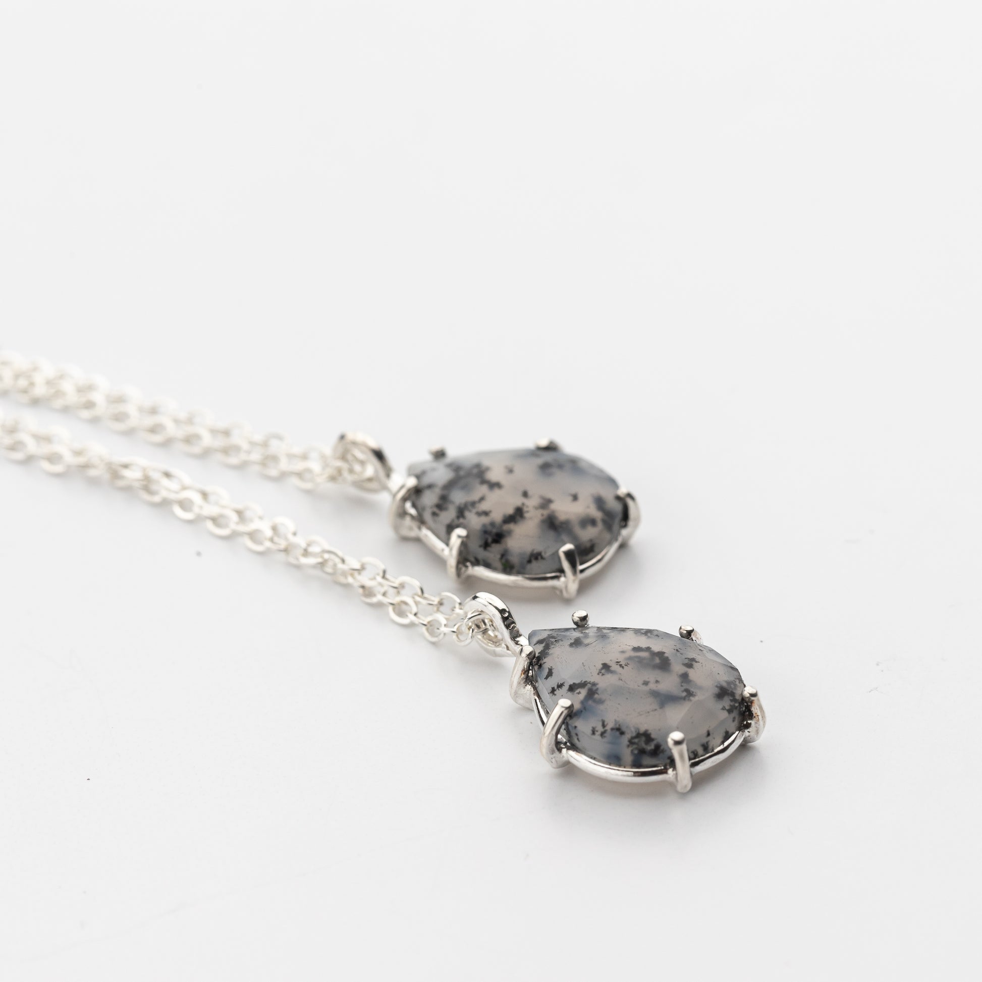 Prong Set Dendritic Agate Pendant Necklace on Sterling Silver Chain, Handmade Sterling Silver Jewelry with Natural Stones, One of a Kind Artisan Made Jewelry