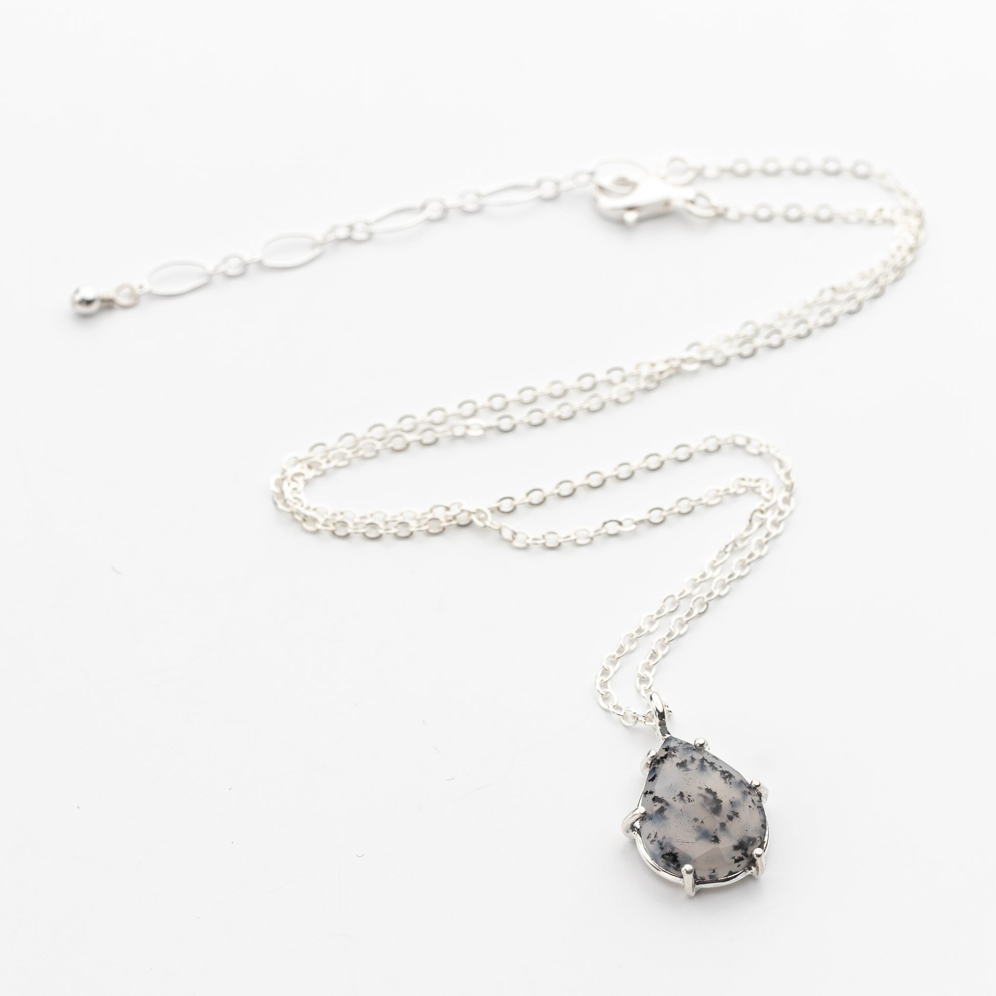 Prong Set Dendritic Agate Pendant Necklace on Sterling Silver Chain, Handmade Sterling Silver Jewelry with Natural Stones, One of a Kind Artisan Made Jewelry