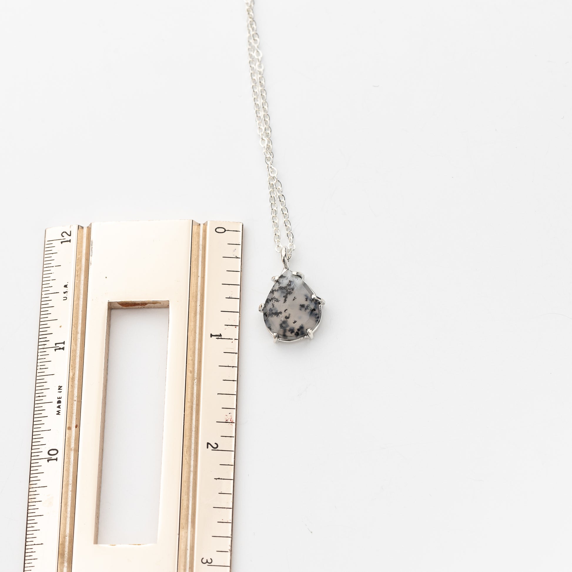 Prong Set Dendritic Agate Pendant Necklace on Sterling Silver Chain, Handmade Sterling Silver Jewelry with Natural Stones, One of a Kind Artisan Made Jewelry