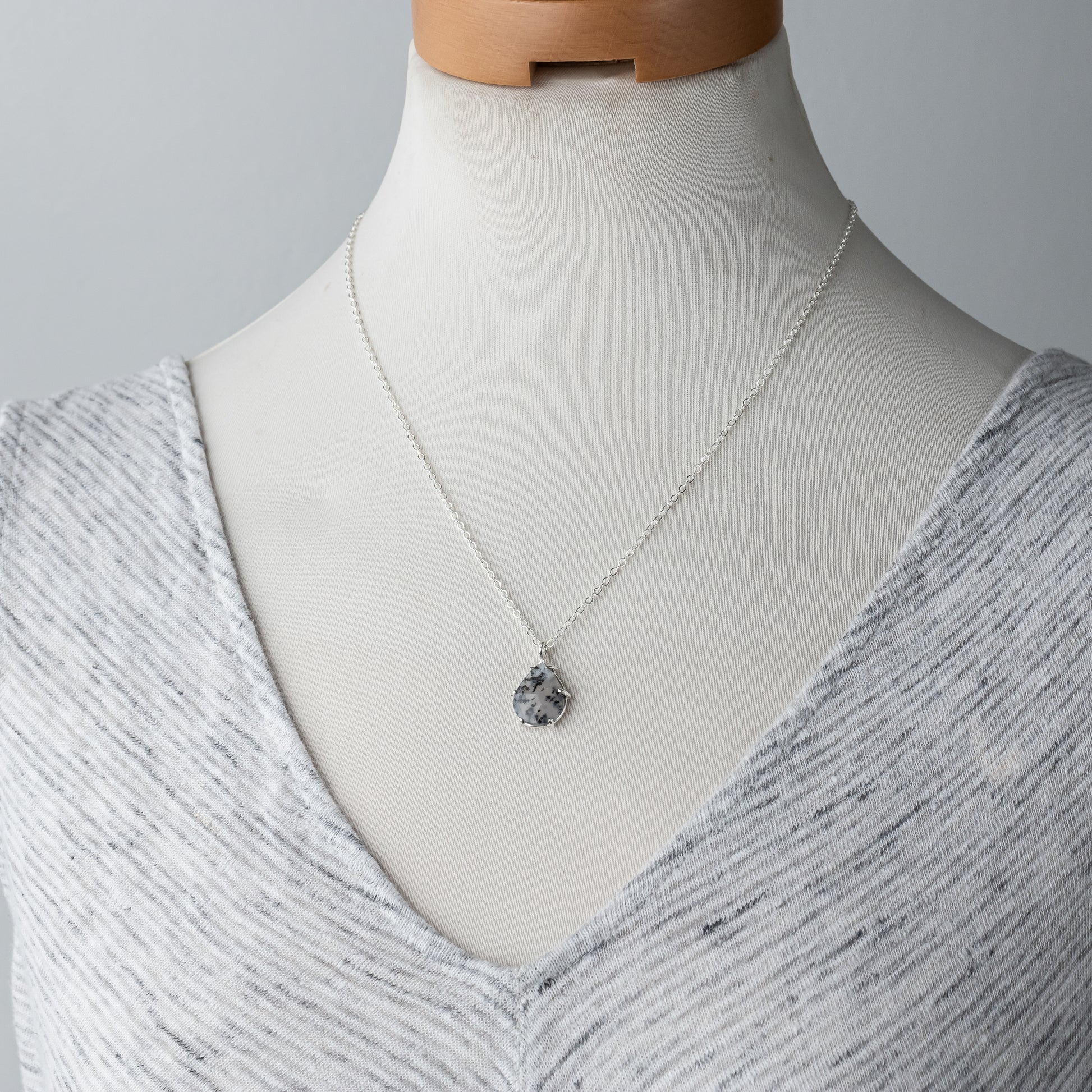 Prong Set Dendritic Agate Pendant Necklace on Sterling Silver Chain, Handmade Sterling Silver Jewelry with Natural Stones, One of a Kind Artisan Made Jewelry