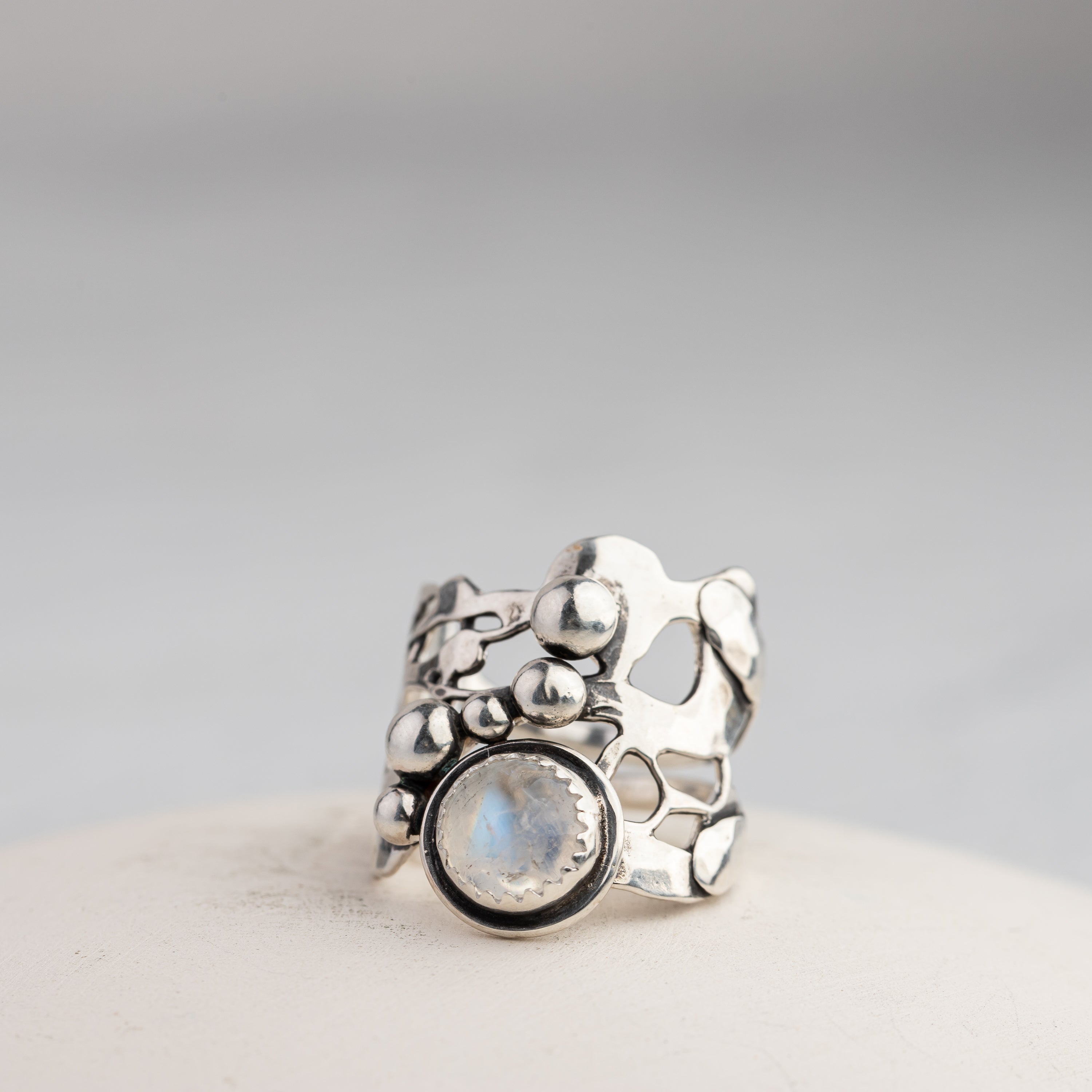 Rainbow Moonstone and Sculpted Silver Ring
