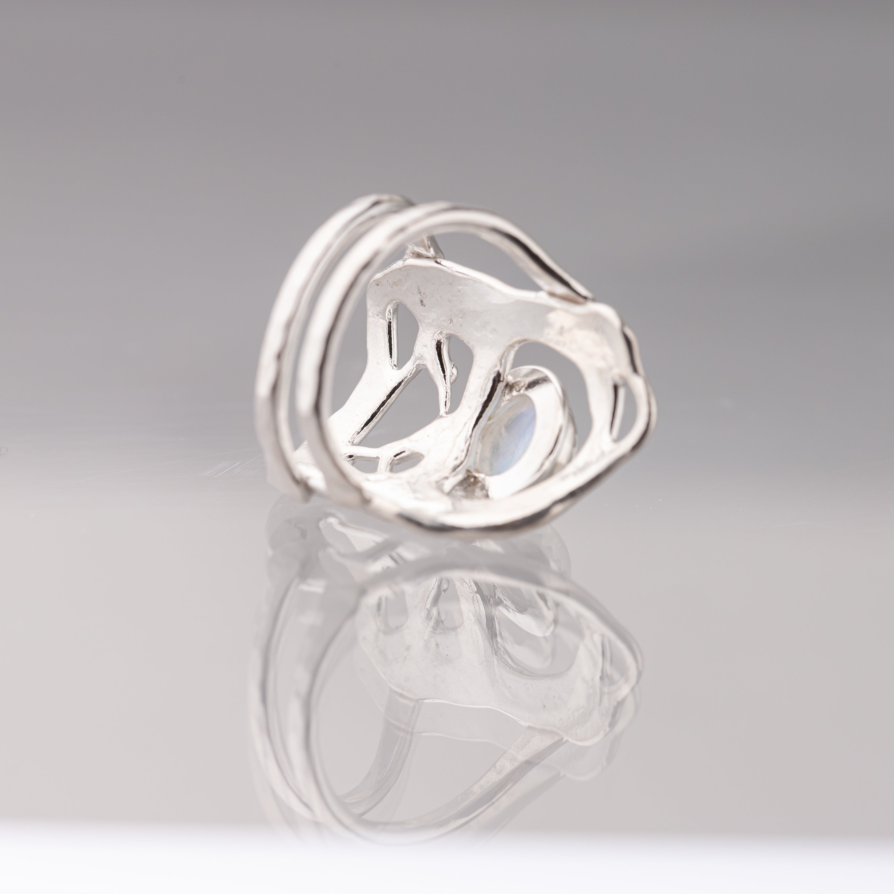 Rainbow Moonstone and Sculpted Silver Ring