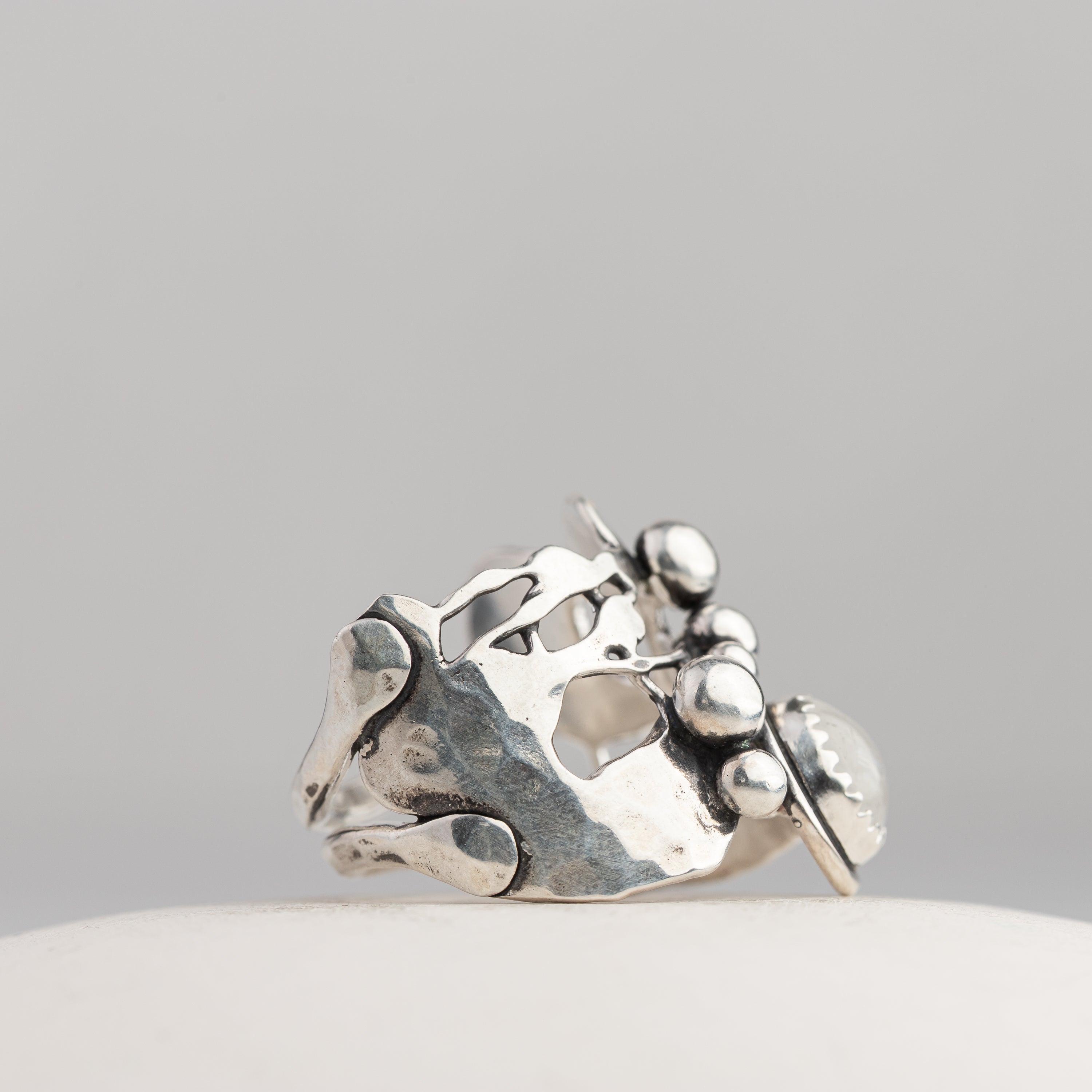 Rainbow Moonstone and Sculpted Silver Ring