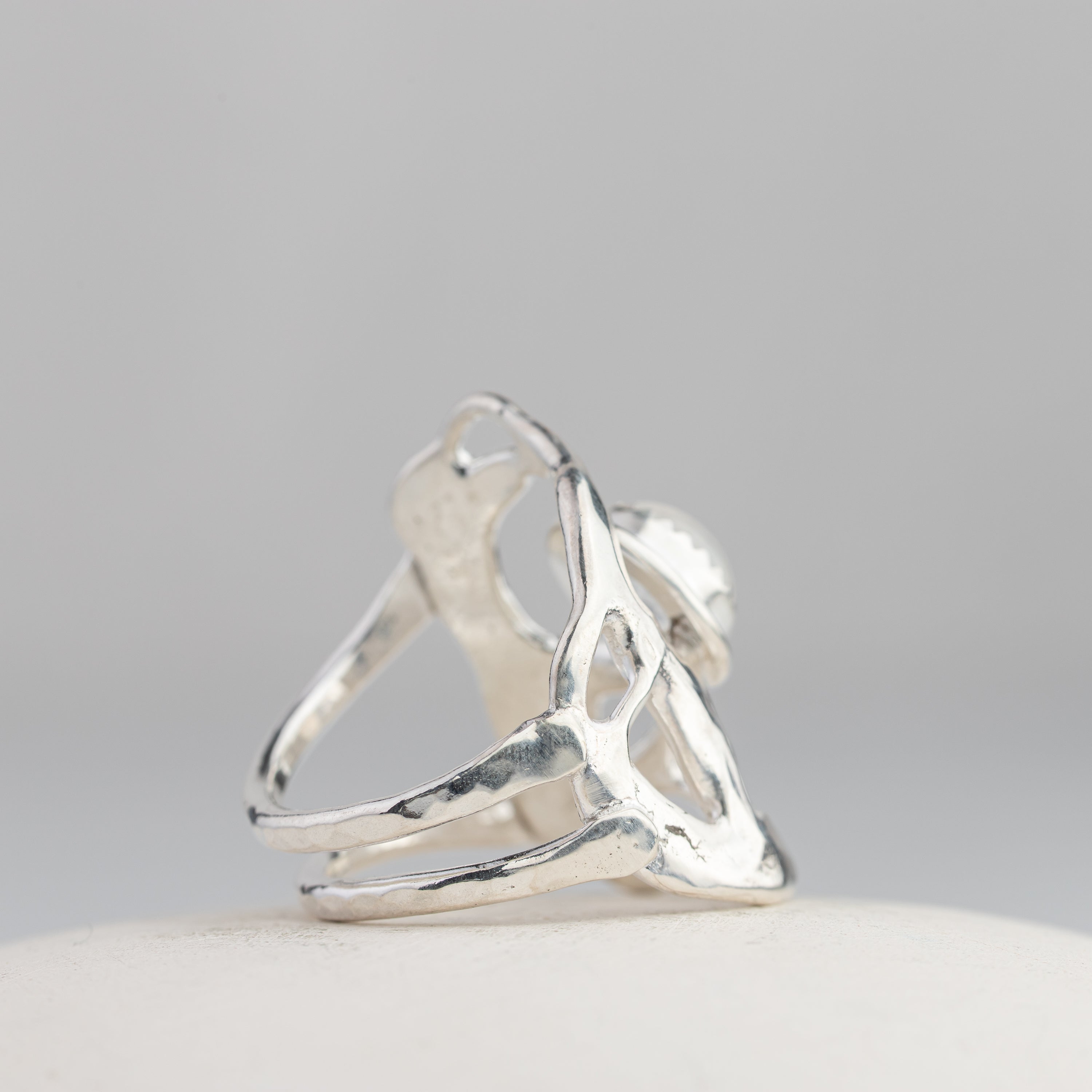 Rainbow Moonstone and Sculpted Silver Ring