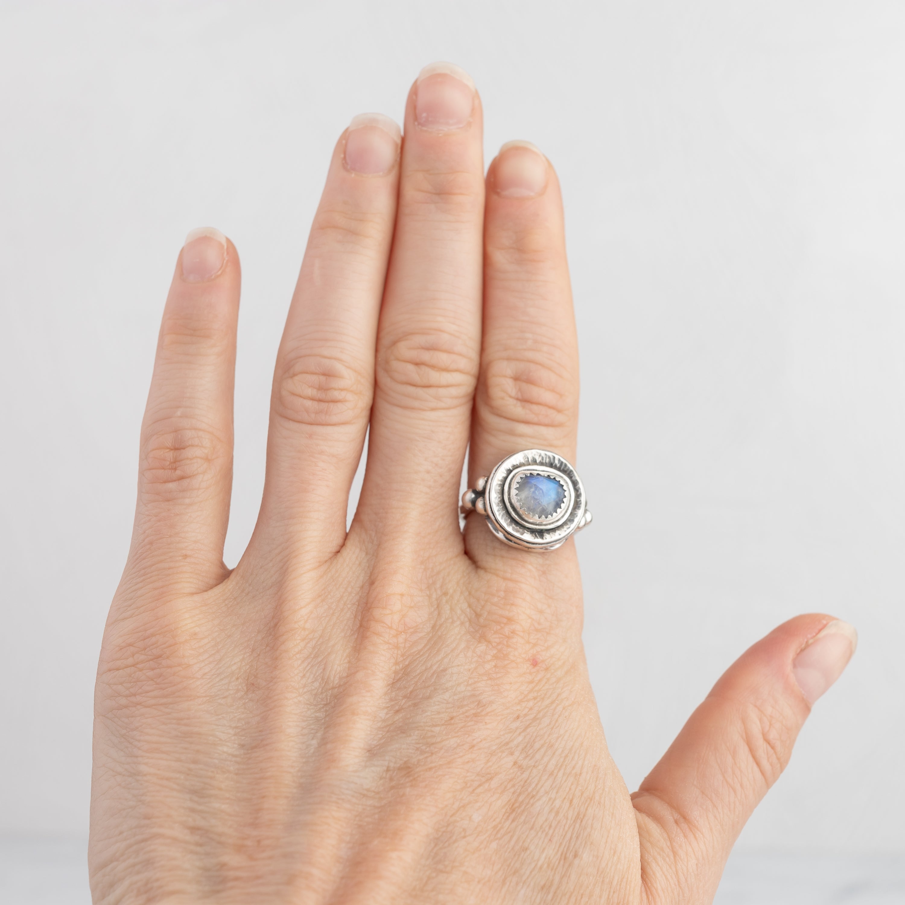 Rainbow Moonstone Disc Ring