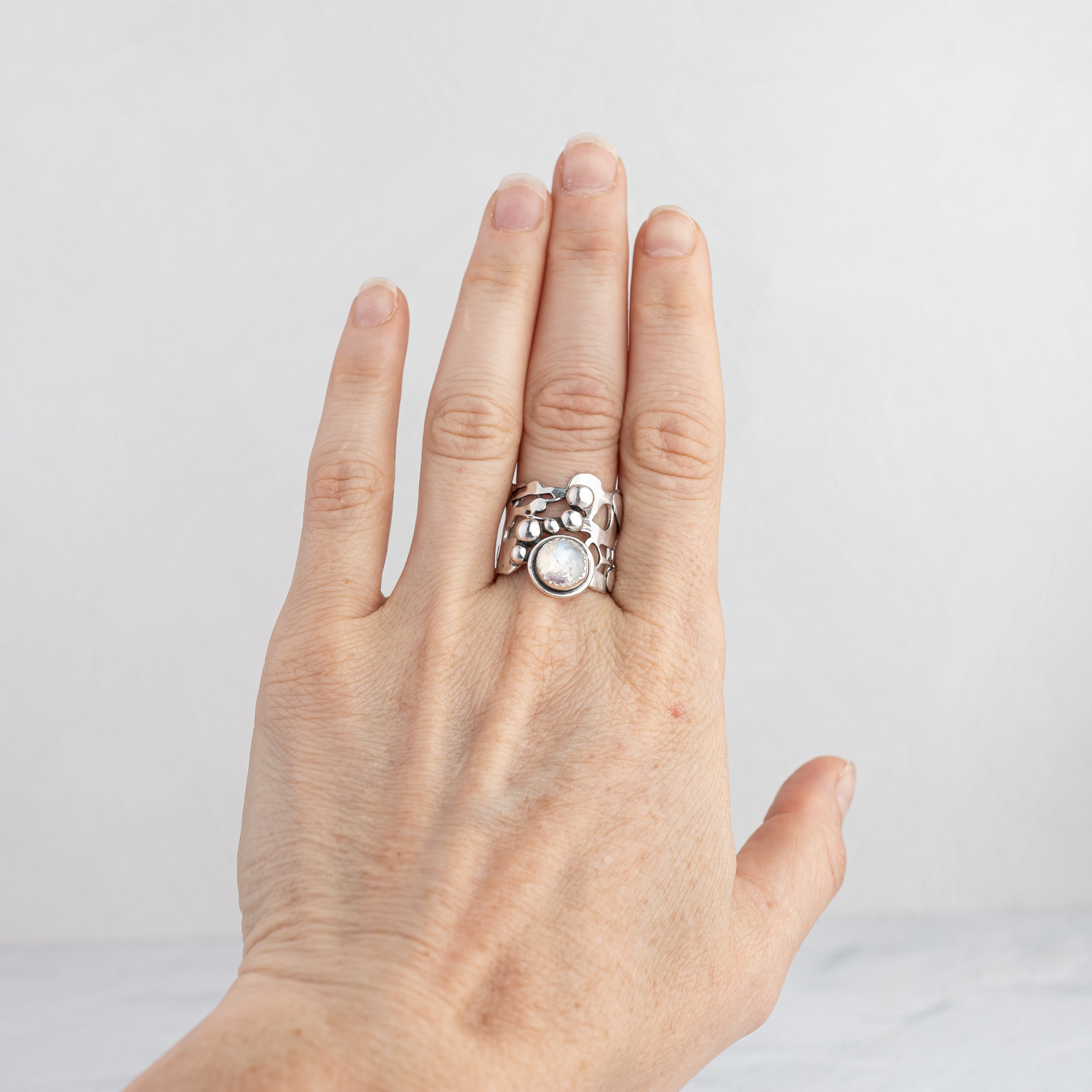 Rainbow Moonstone and Sculpted Silver Ring