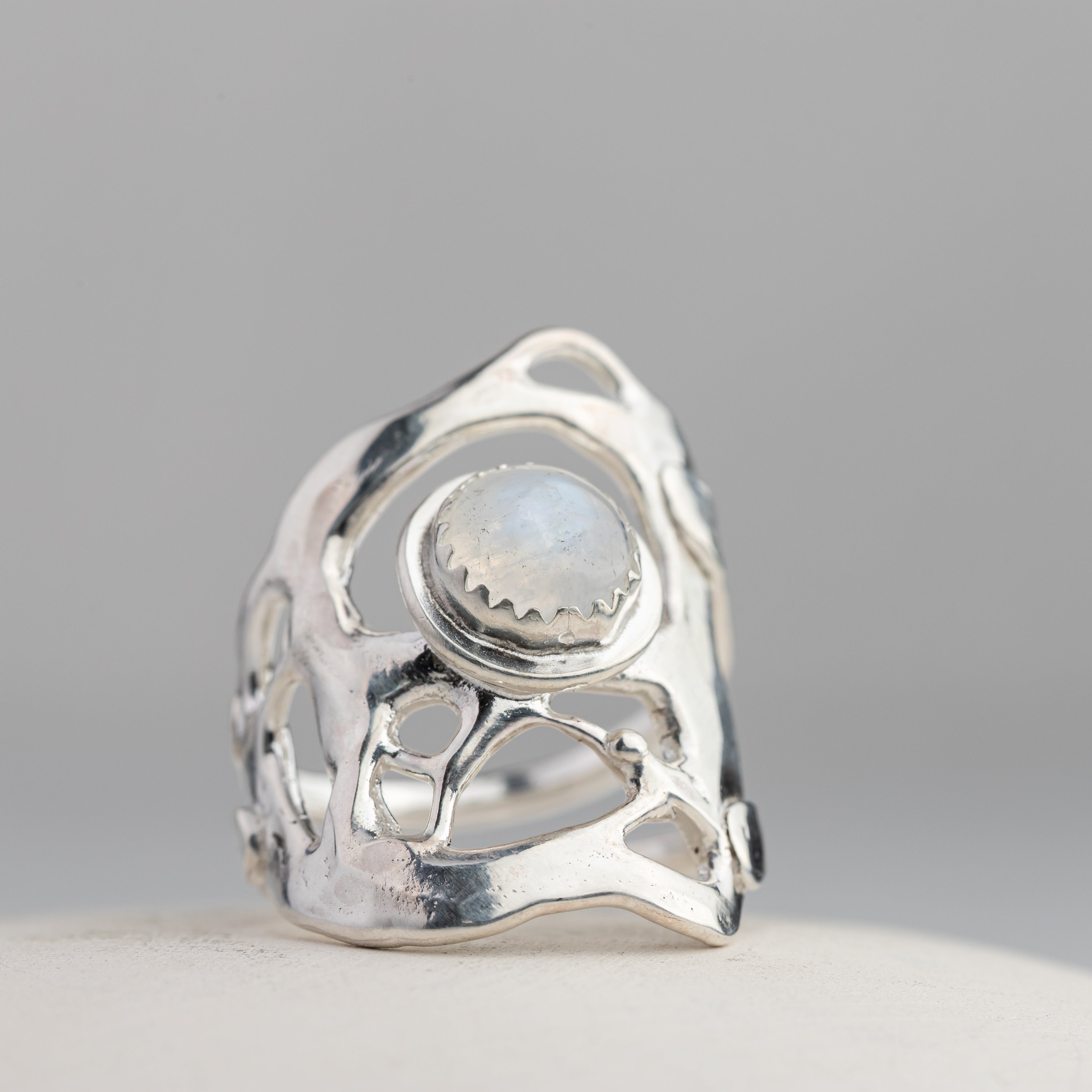 Rainbow Moonstone and Sculpted Silver Ring