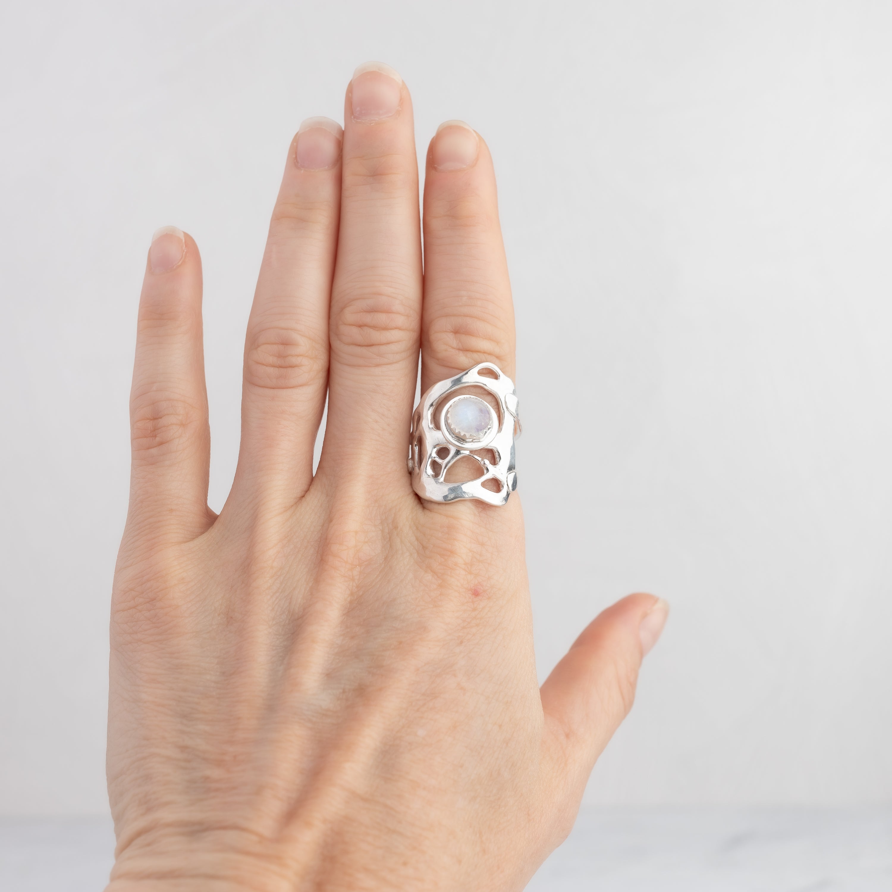 Rainbow Moonstone and Sculpted Silver Ring