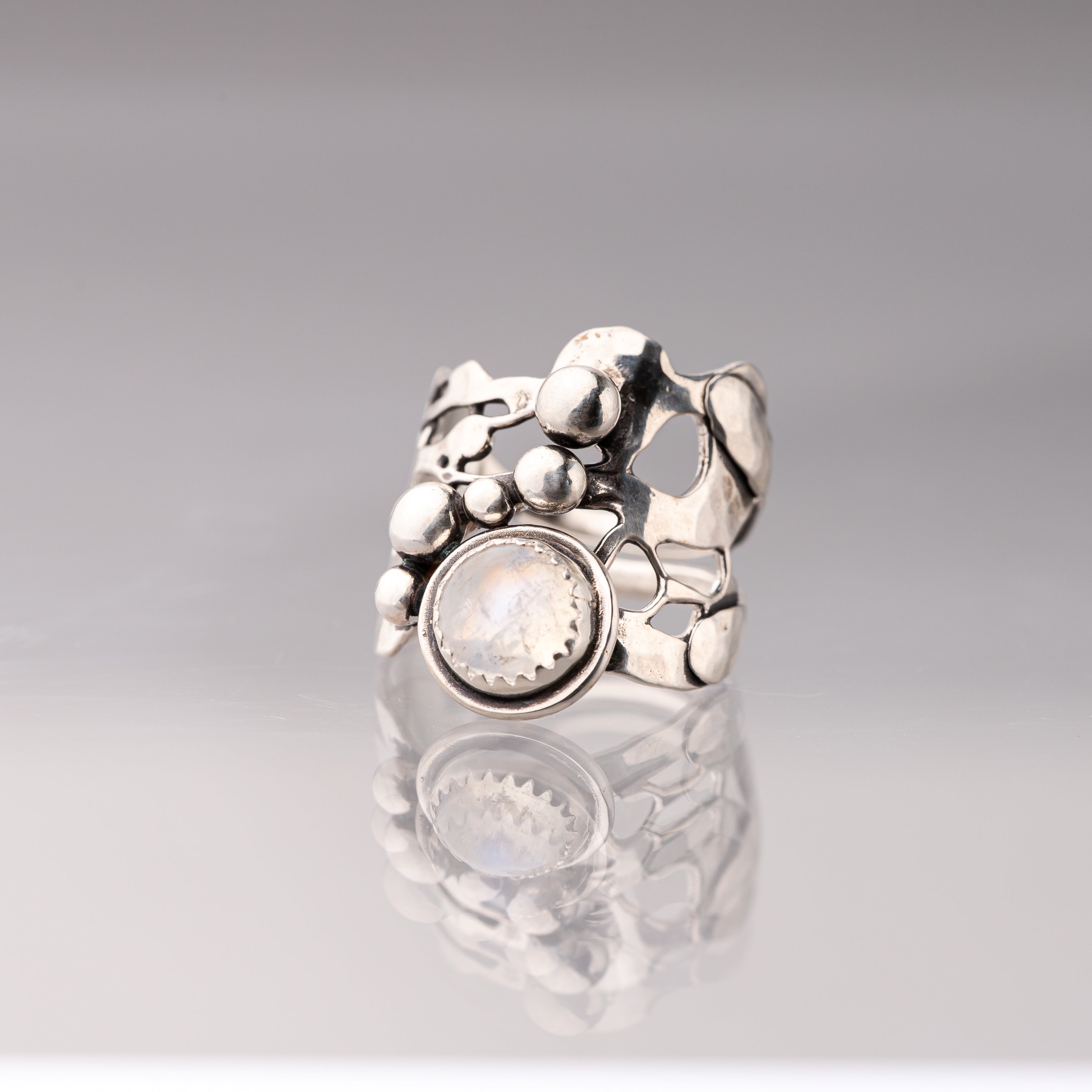 Rainbow Moonstone and Sculpted Silver Ring