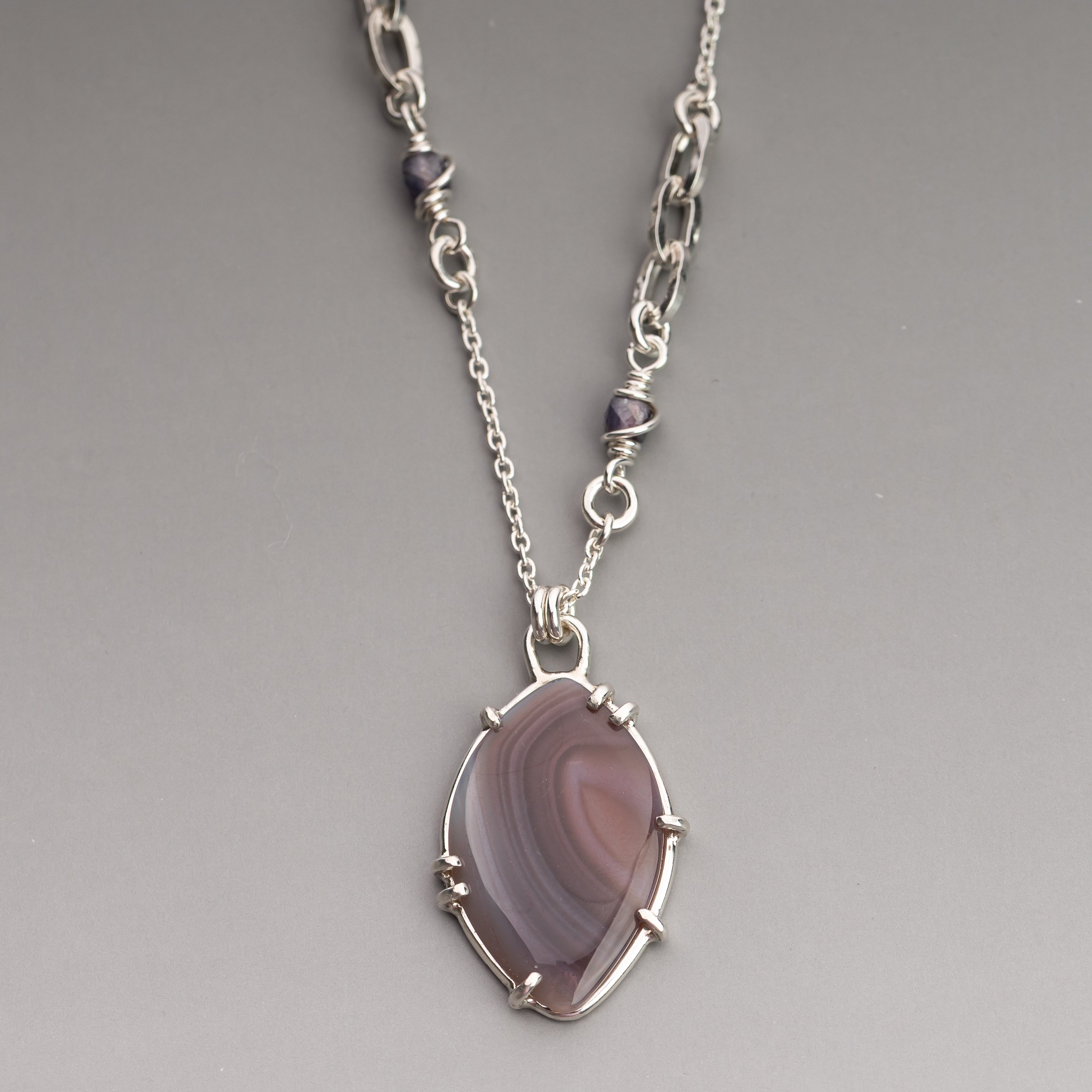 Prong Set Agate Pendant on Iolite Wrapped Chain