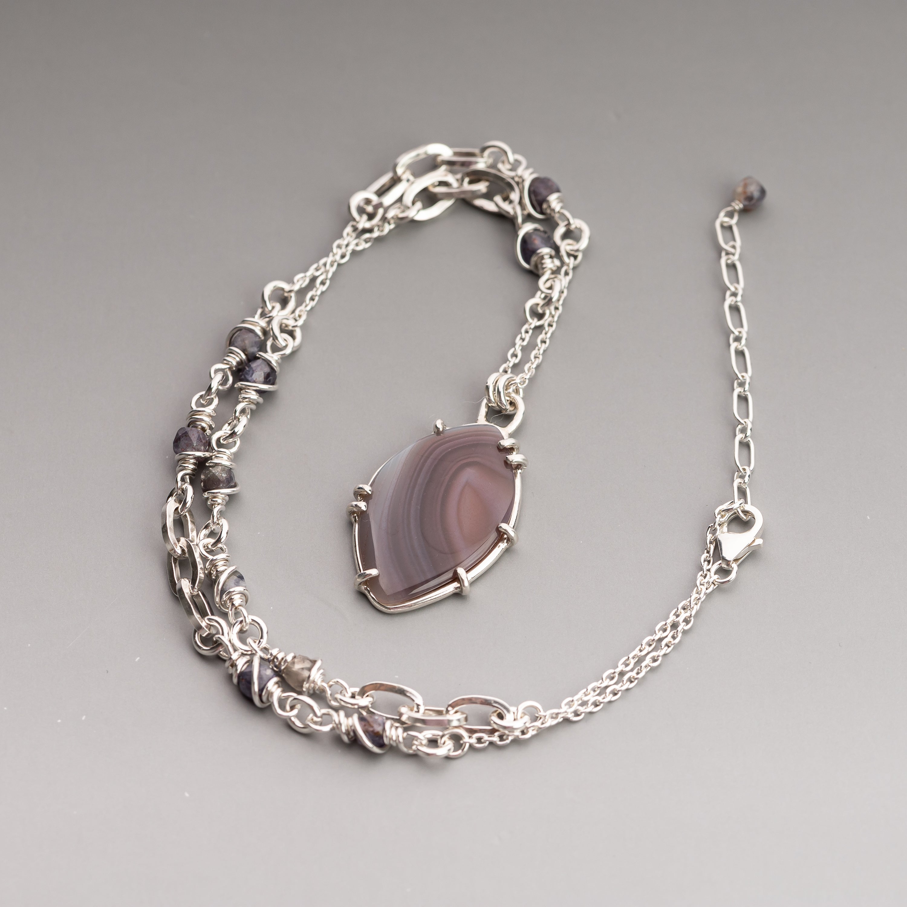 Prong Set Agate Pendant on Iolite Wrapped Chain