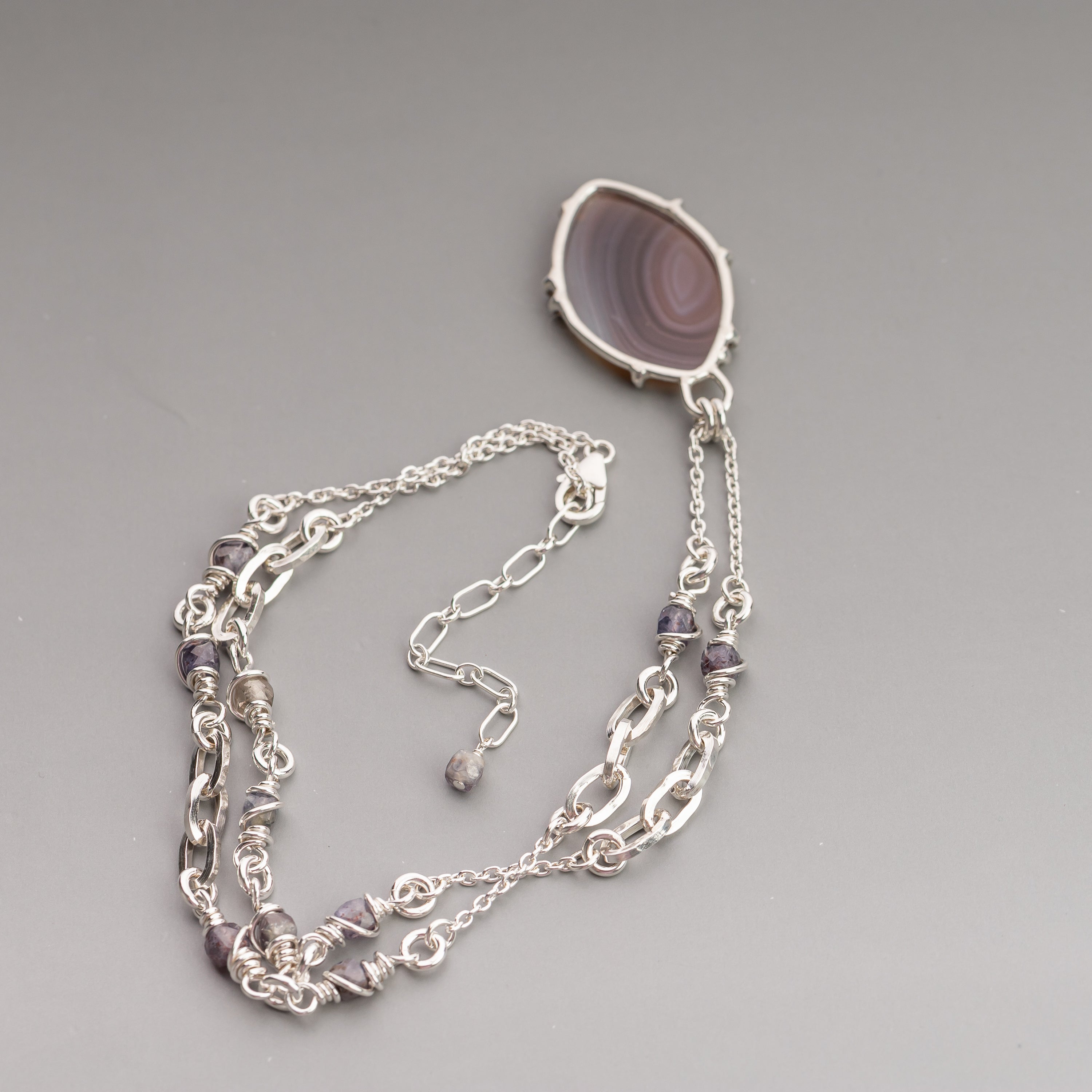 Prong Set Agate Pendant on Iolite Wrapped Chain