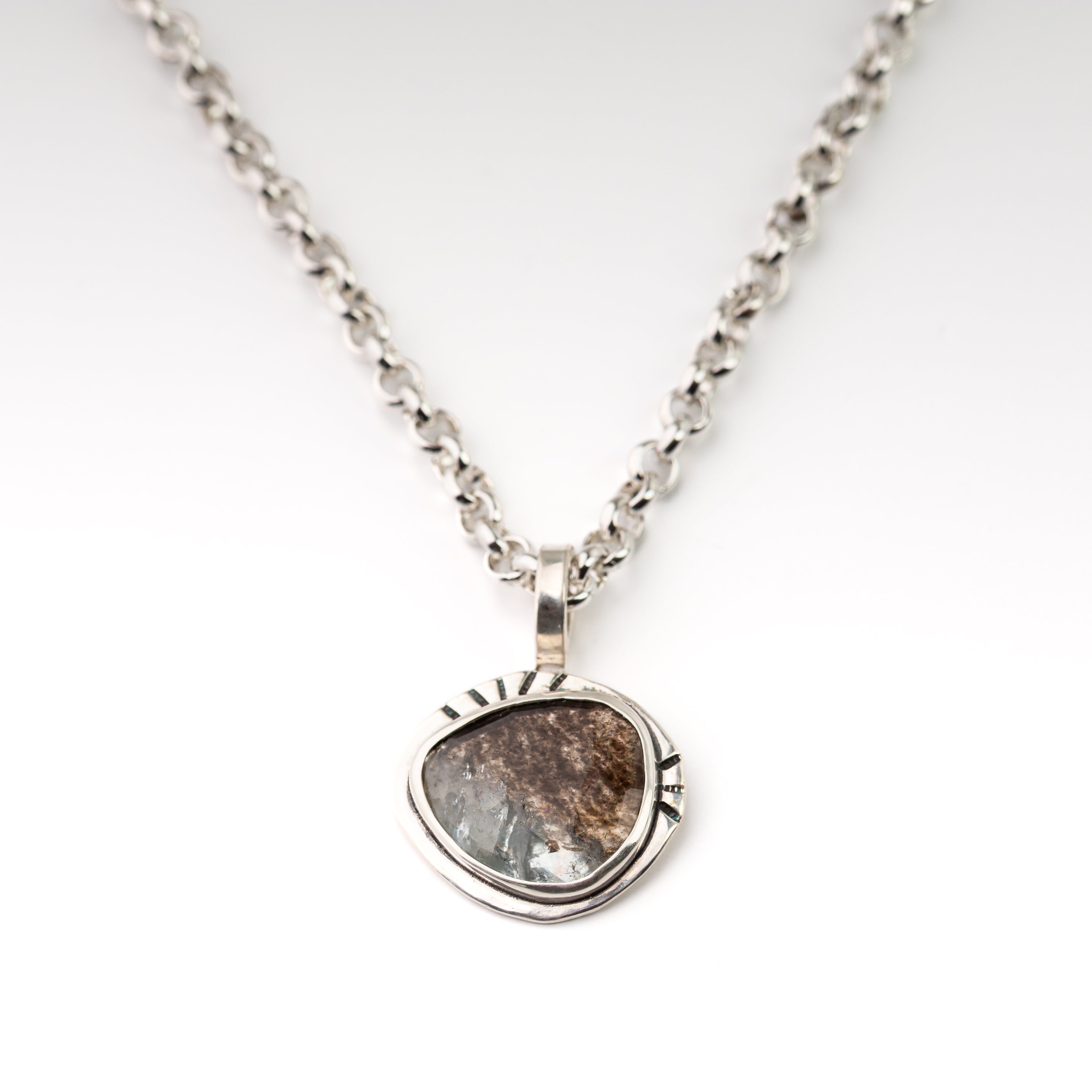 Moss Aquamarine Pendant on Handmade Rolo Chain