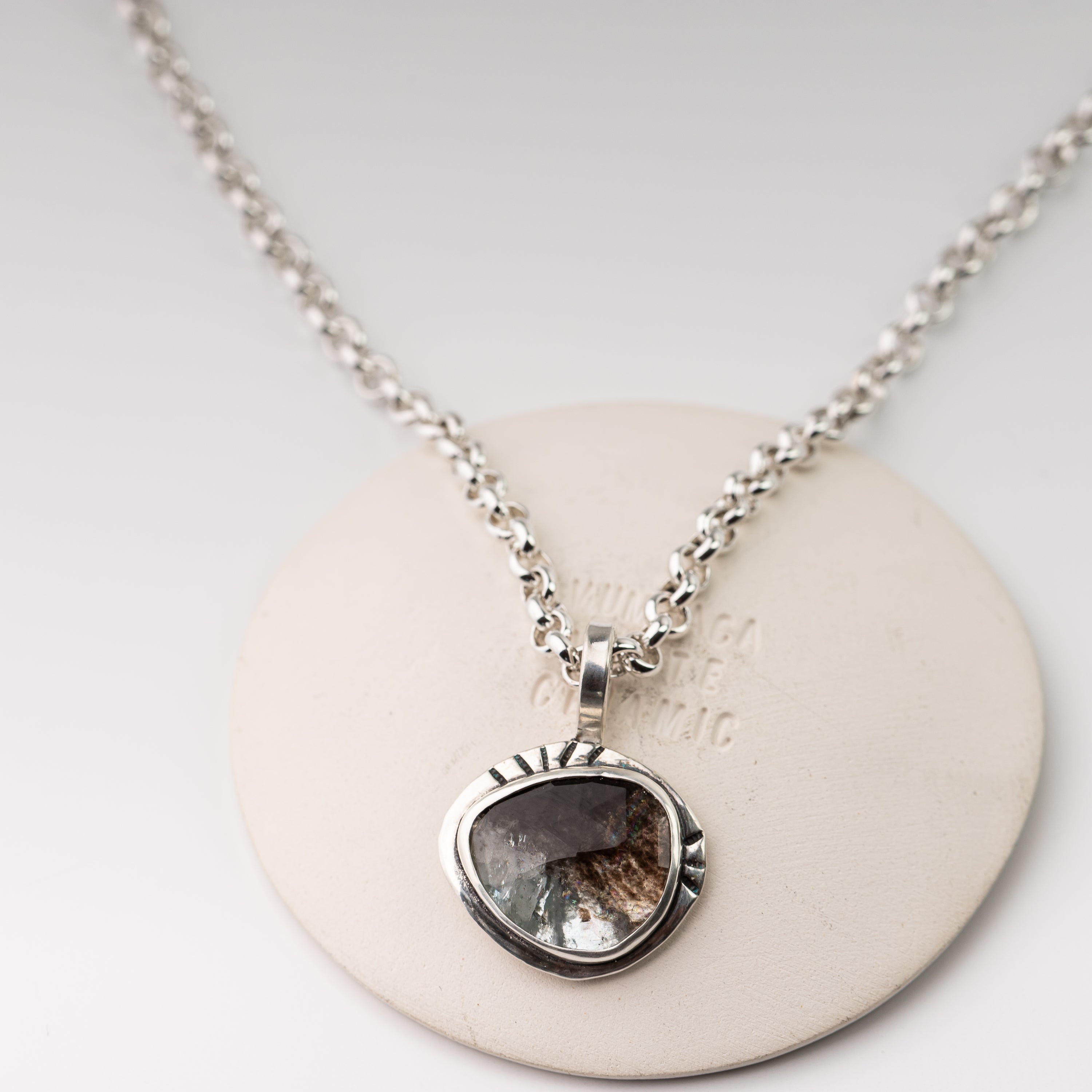Moss Aquamarine Pendant on Handmade Rolo Chain