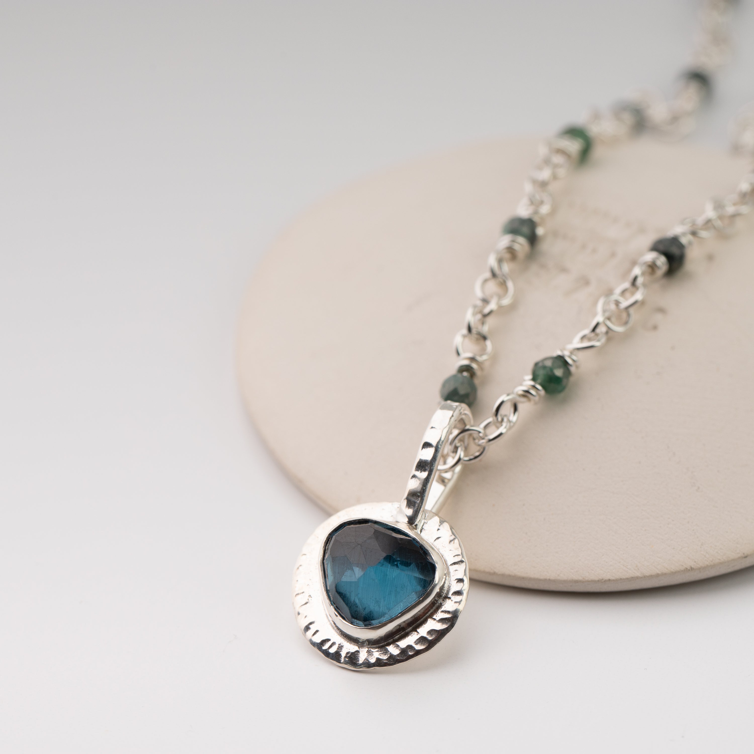 Blue Topaz Pendant on Linked Stone Chain
