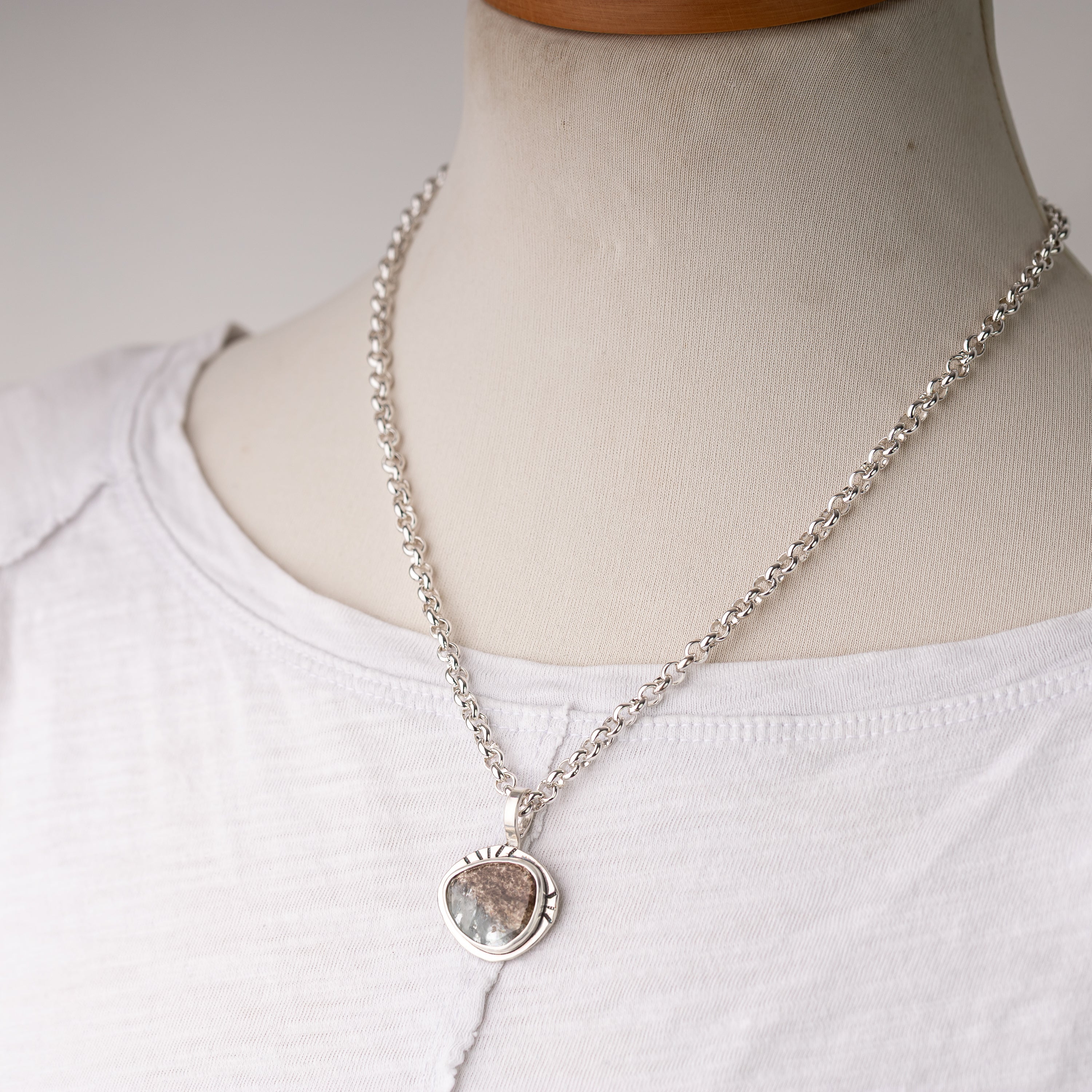 Moss Aquamarine Pendant on Handmade Rolo Chain
