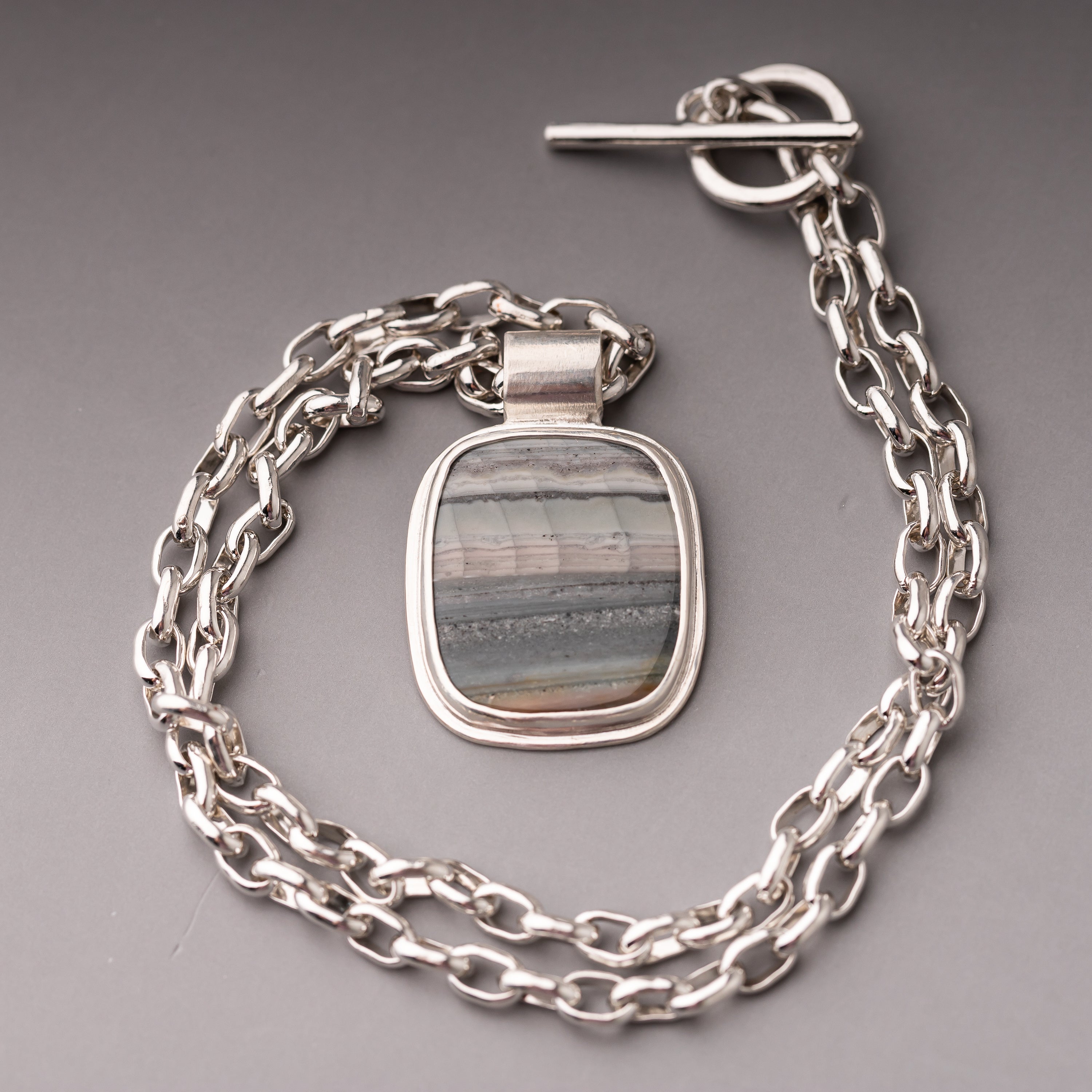Saturn Agate Pendant on Handmade Toggle Chain