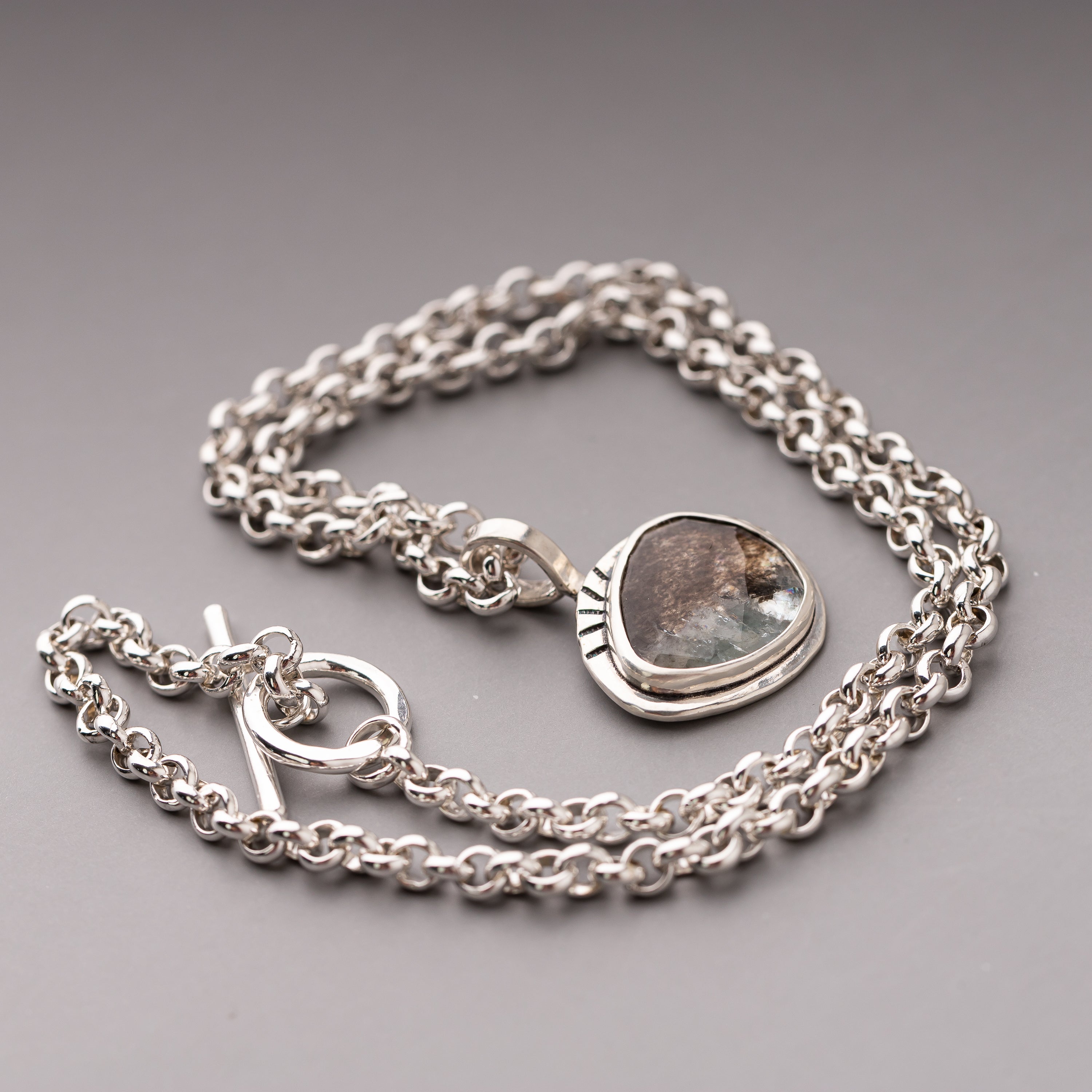 Moss Aquamarine Pendant on Handmade Rolo Chain