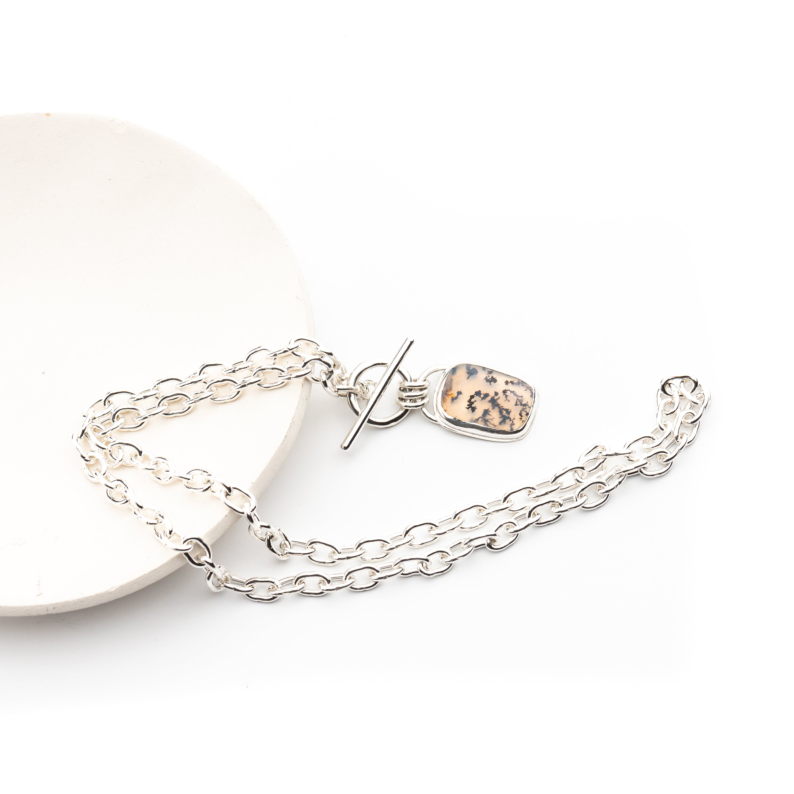 Handmade Sterling Silver Chain with Bezel Set Dendritic Agate Pendant and Toggle Clasp, One of a Kind Artisan Silver Jewelry, Argentium Chain