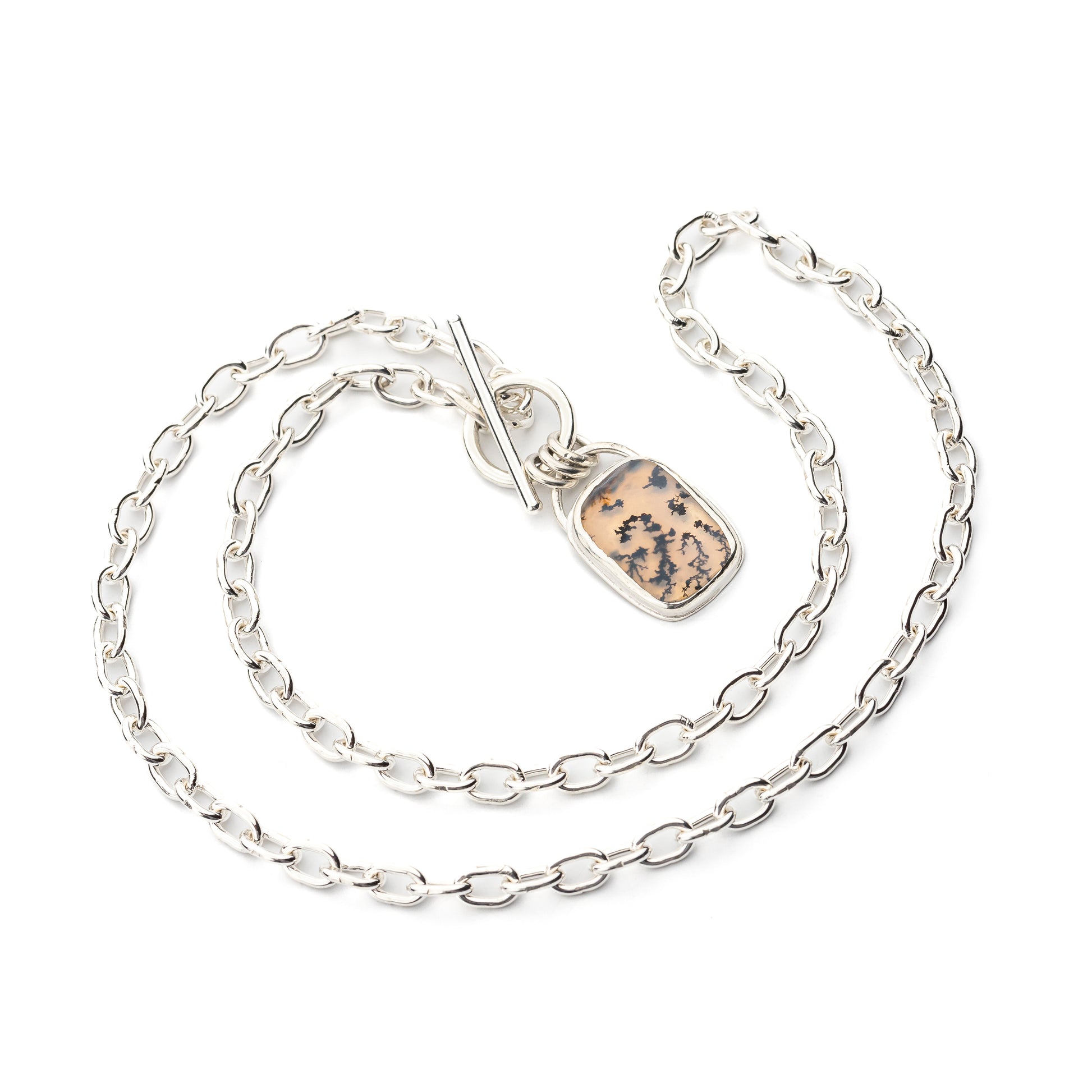 Handmade Sterling Silver Chain with Bezel Set Dendritic Agate Pendant and Toggle Clasp, One of a Kind Artisan Silver Jewelry, Argentium Chain