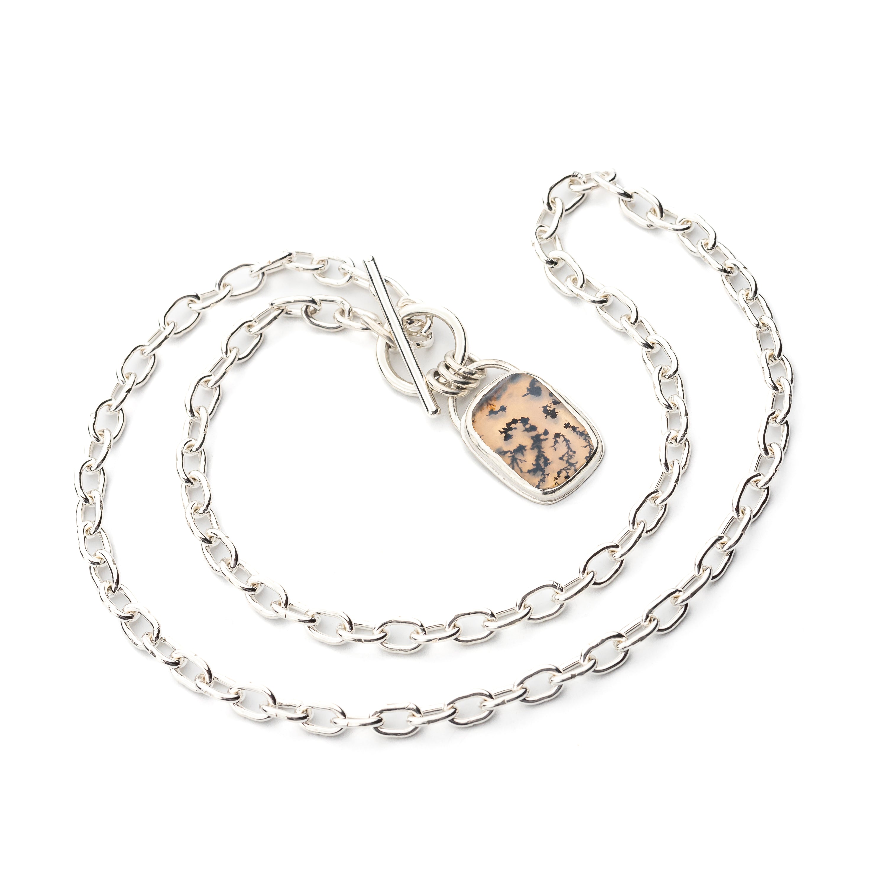 Handmade Sterling Silver Chain with Bezel Set Dendritic Agate Pendant and Toggle Clasp, One of a Kind Artisan Silver Jewelry, Argentium Chain