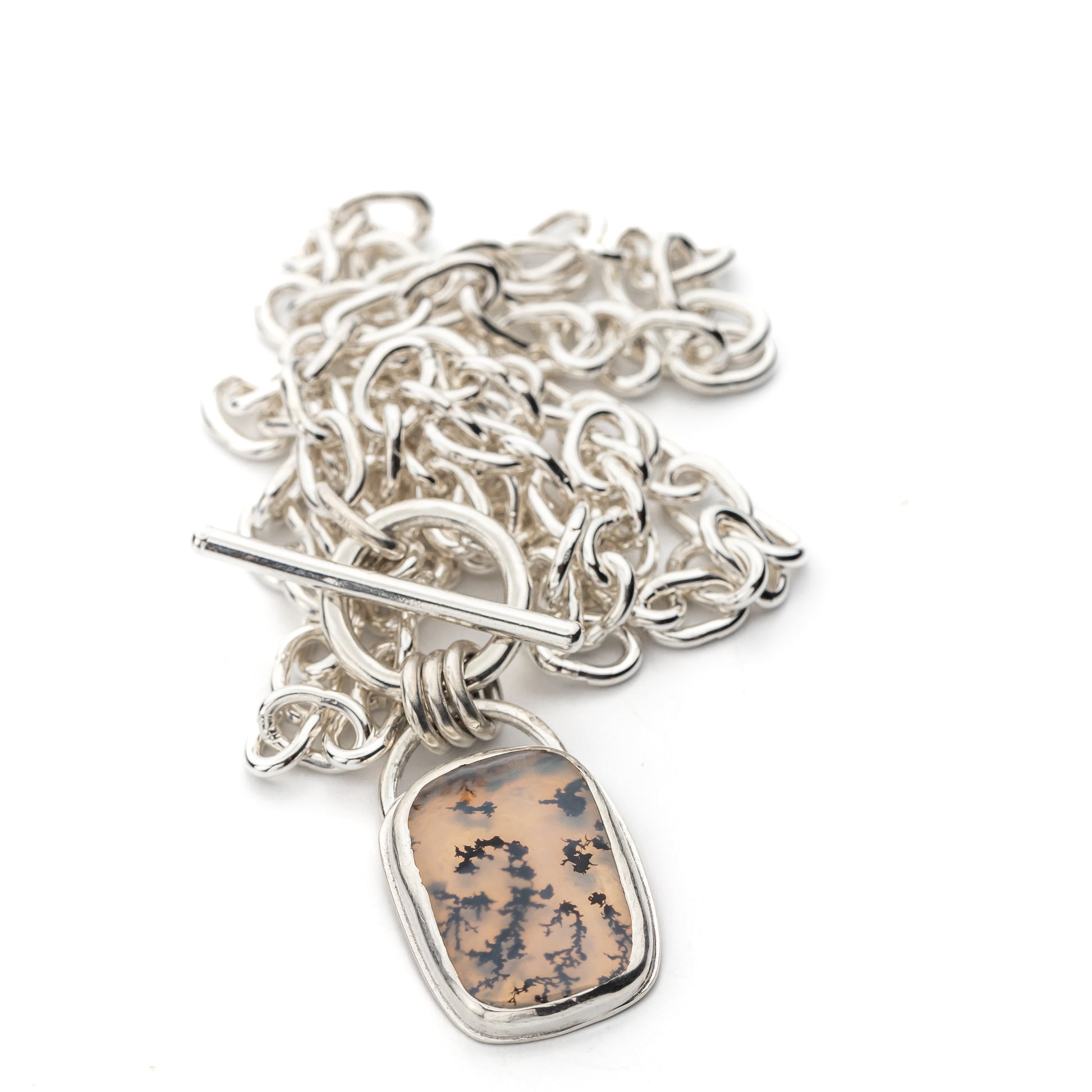Handmade Sterling Silver Chain with Bezel Set Dendritic Agate Pendant and Toggle Clasp, One of a Kind Artisan Silver Jewelry, Argentium Chain
