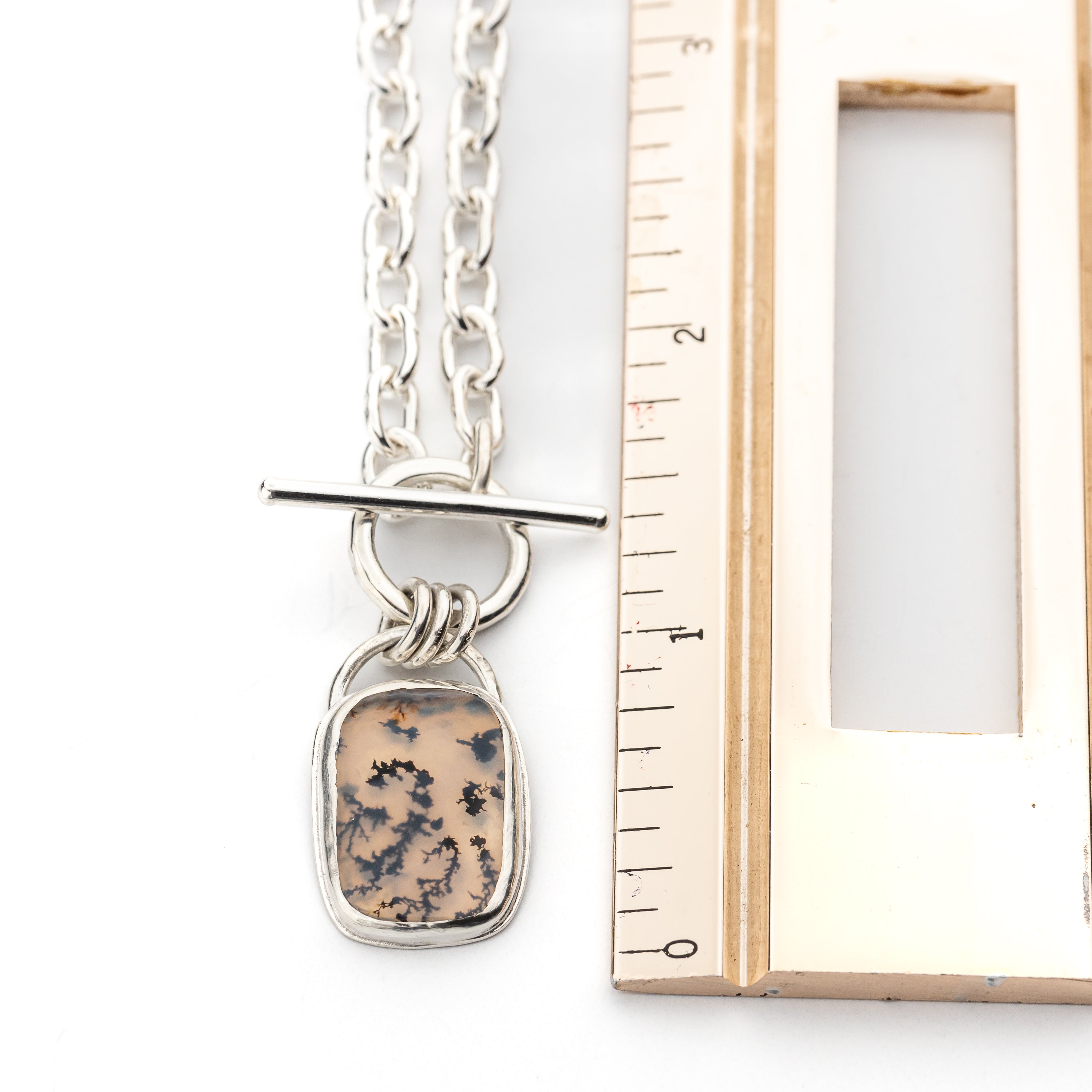 Handmade Sterling Silver Chain with Bezel Set Dendritic Agate Pendant and Toggle Clasp, One of a Kind Artisan Silver Jewelry, Argentium Chain