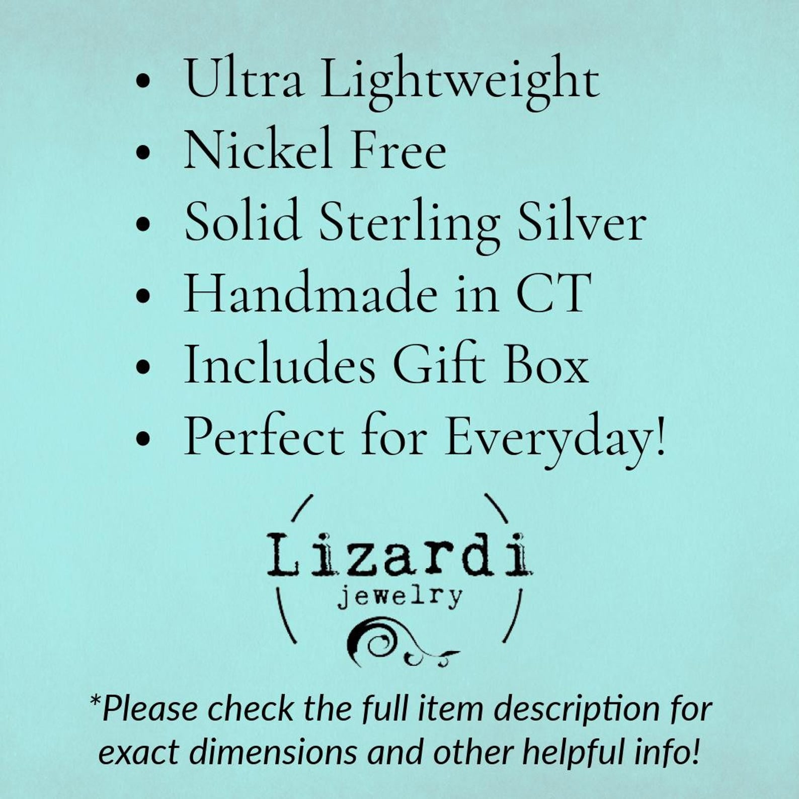 A light blue graphic with black text listing product features: ultra lightweight, nickel free, solid sterling silver, handmade in CT, includes gift box, and perfect for everyday. The Lizardi jewelry logo appears below, with a note directing shoppers to the full item description for dimensions and other helpful info.