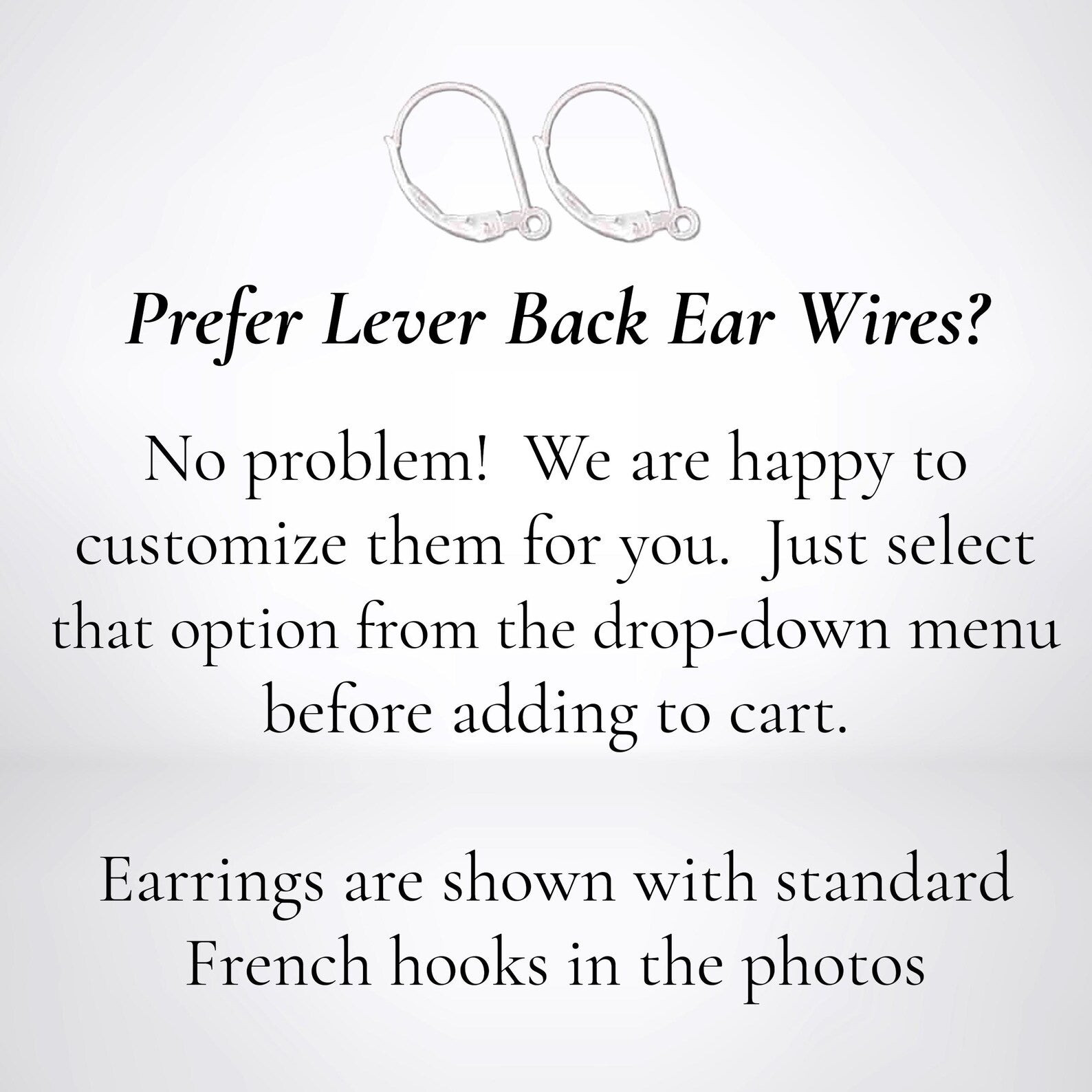 A text-based informational graphic on a light gray background. It shows a simple line drawing of a pair of ear wires at the top and text reading, 'Prefer Lever Back Ear Wires? No problem! We are happy to customize them.