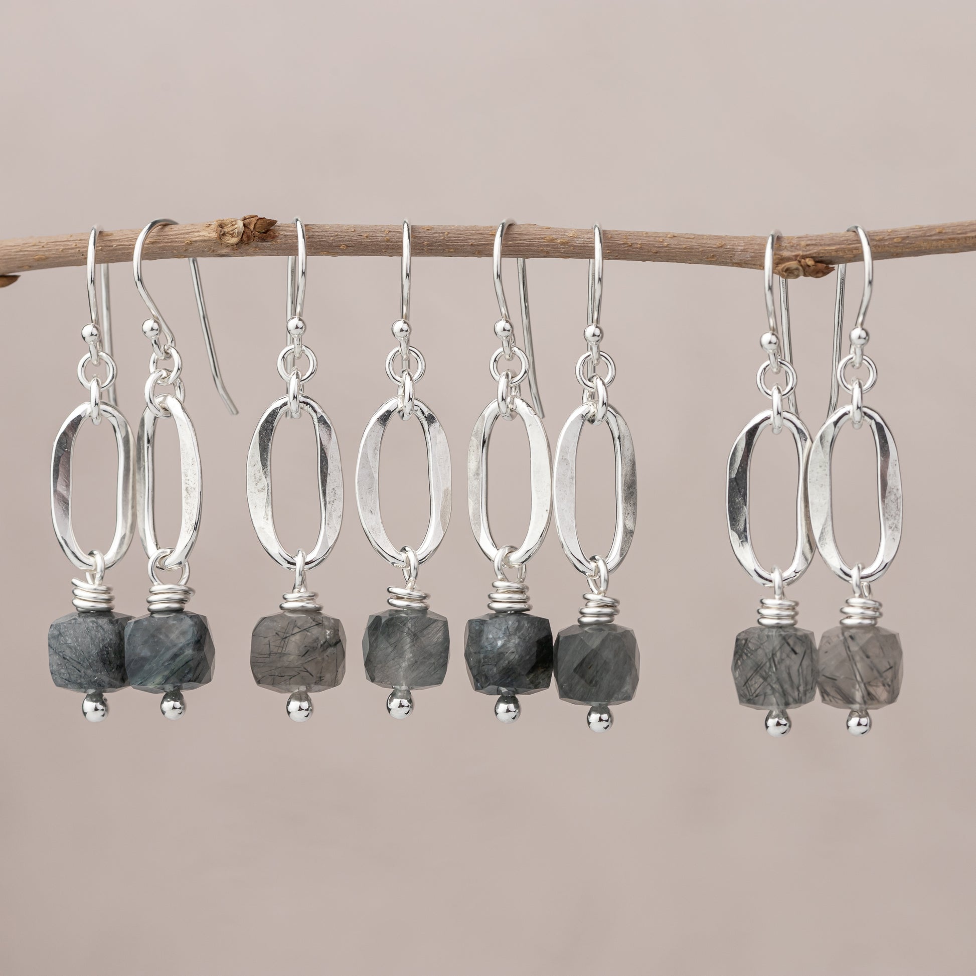 Four pairs of Argentium Sterling Silver Dangle earrings with hammered silver ovals and natural tourmalinated quartz cube gemstones
