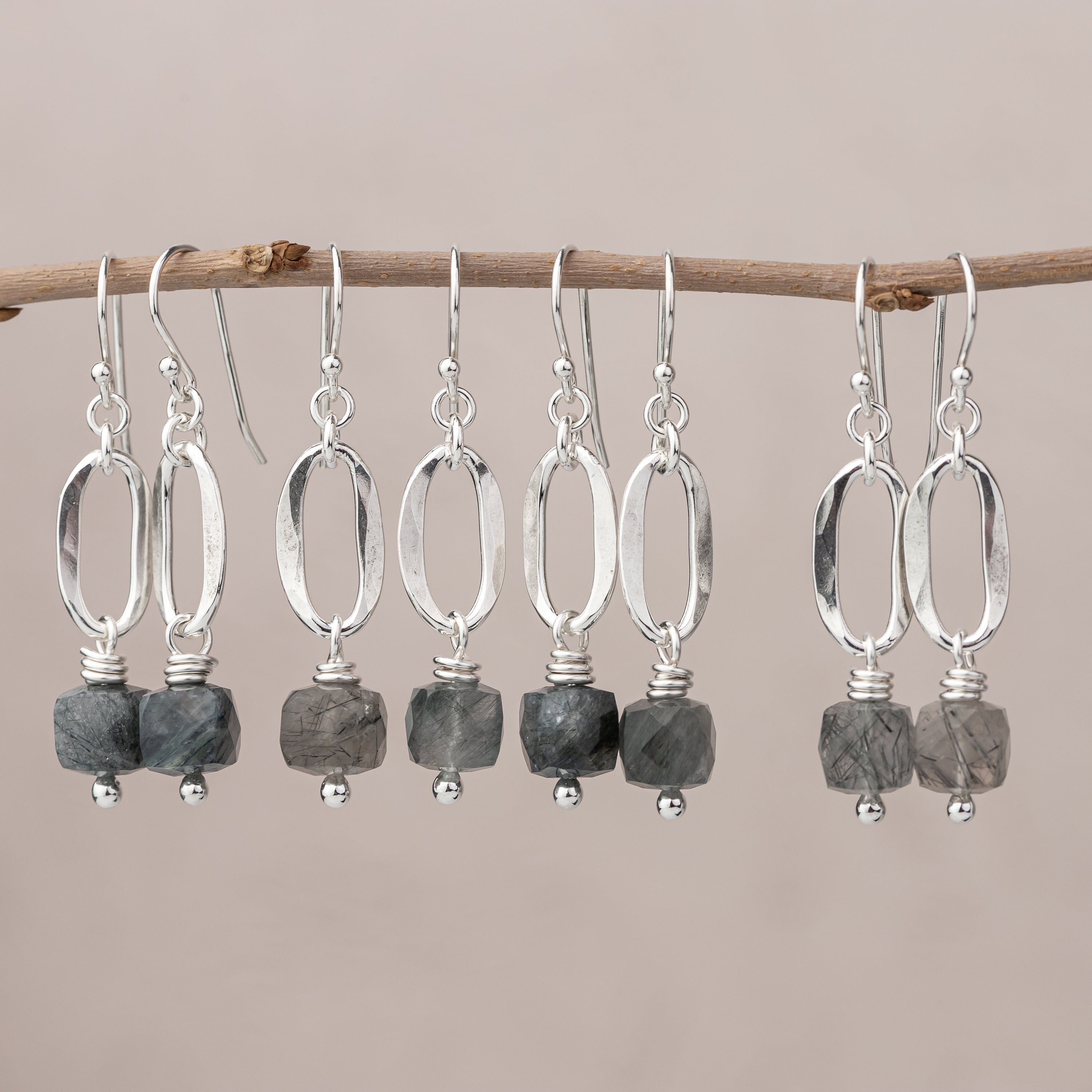 Four pairs of Argentium Sterling Silver Dangle earrings with hammered silver ovals and natural tourmalinated quartz cube gemstones