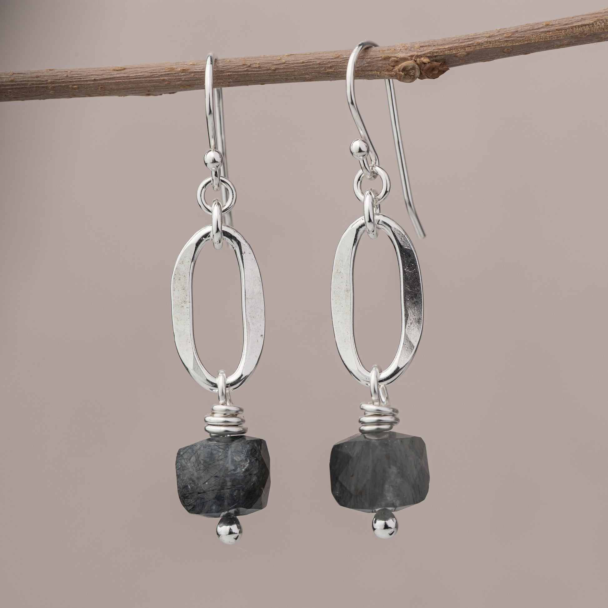 Unique artisan dangle earrings with Argentium Sterling Silver and natural quartz gemstones in cube shape