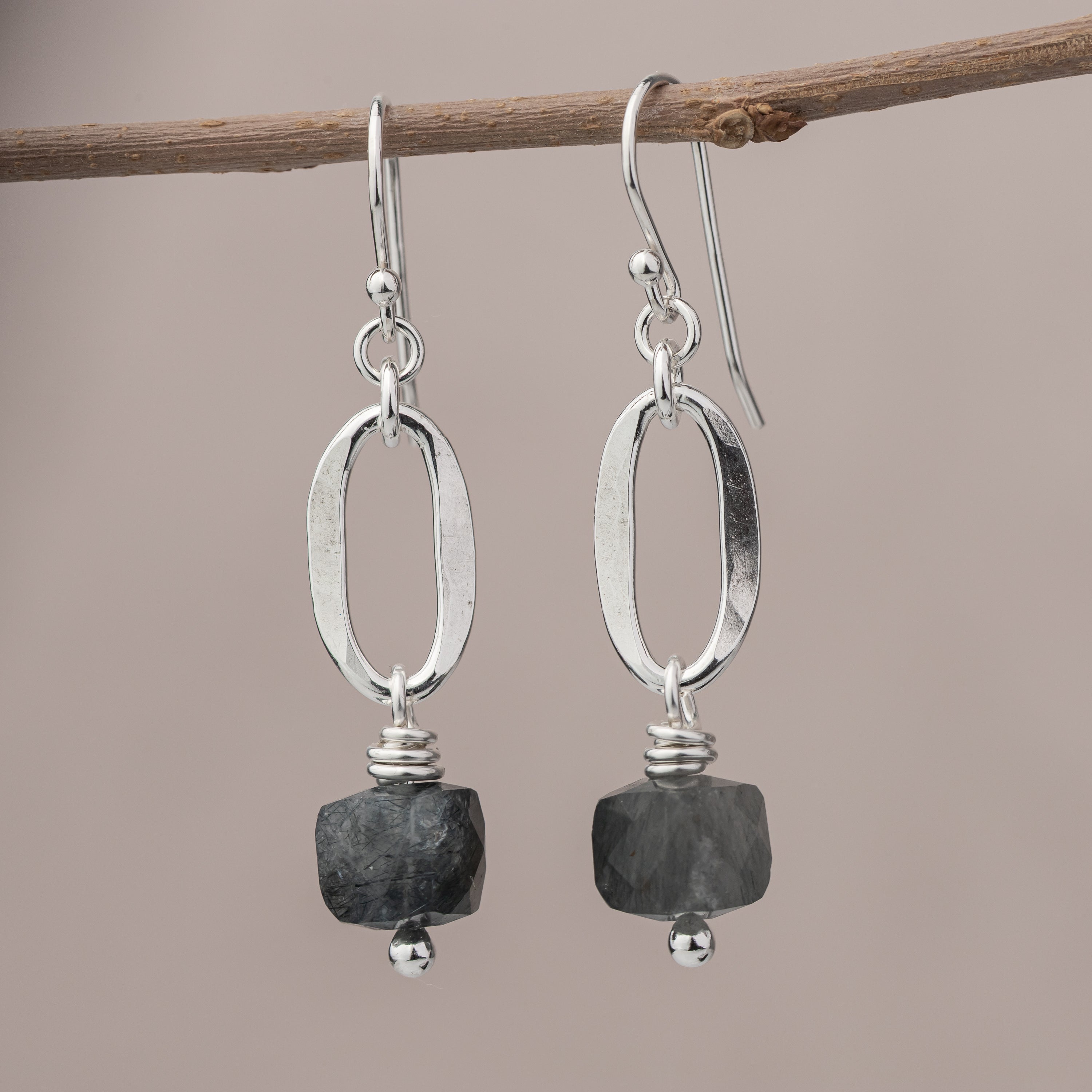 Unique artisan dangle earrings with Argentium Sterling Silver and natural quartz gemstones in cube shape