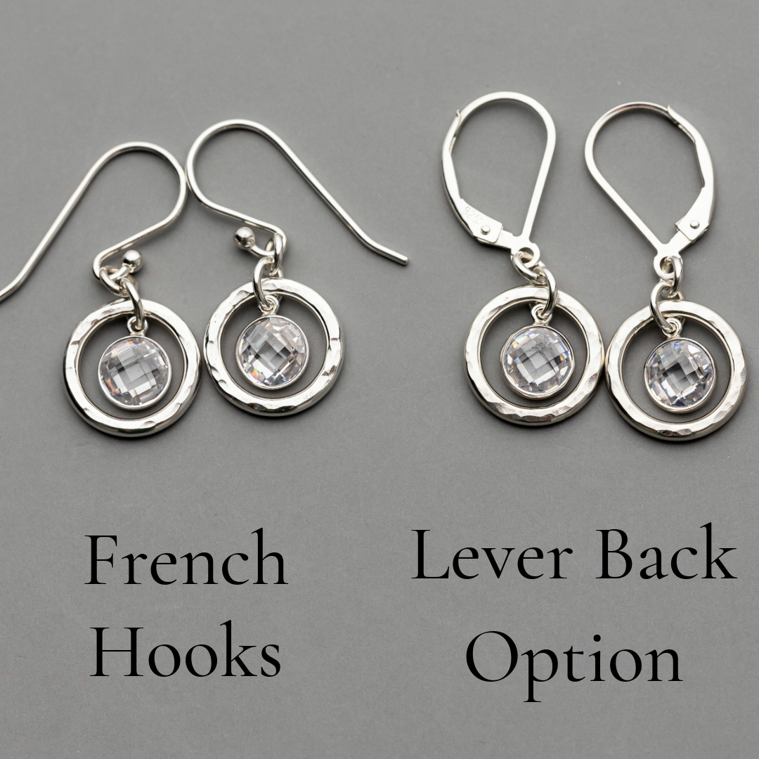hammered sterling silver dangle earrings shown with leverback or French hook ear wires.  These handmade birthstone earrings are customized with the stone of your choice. 