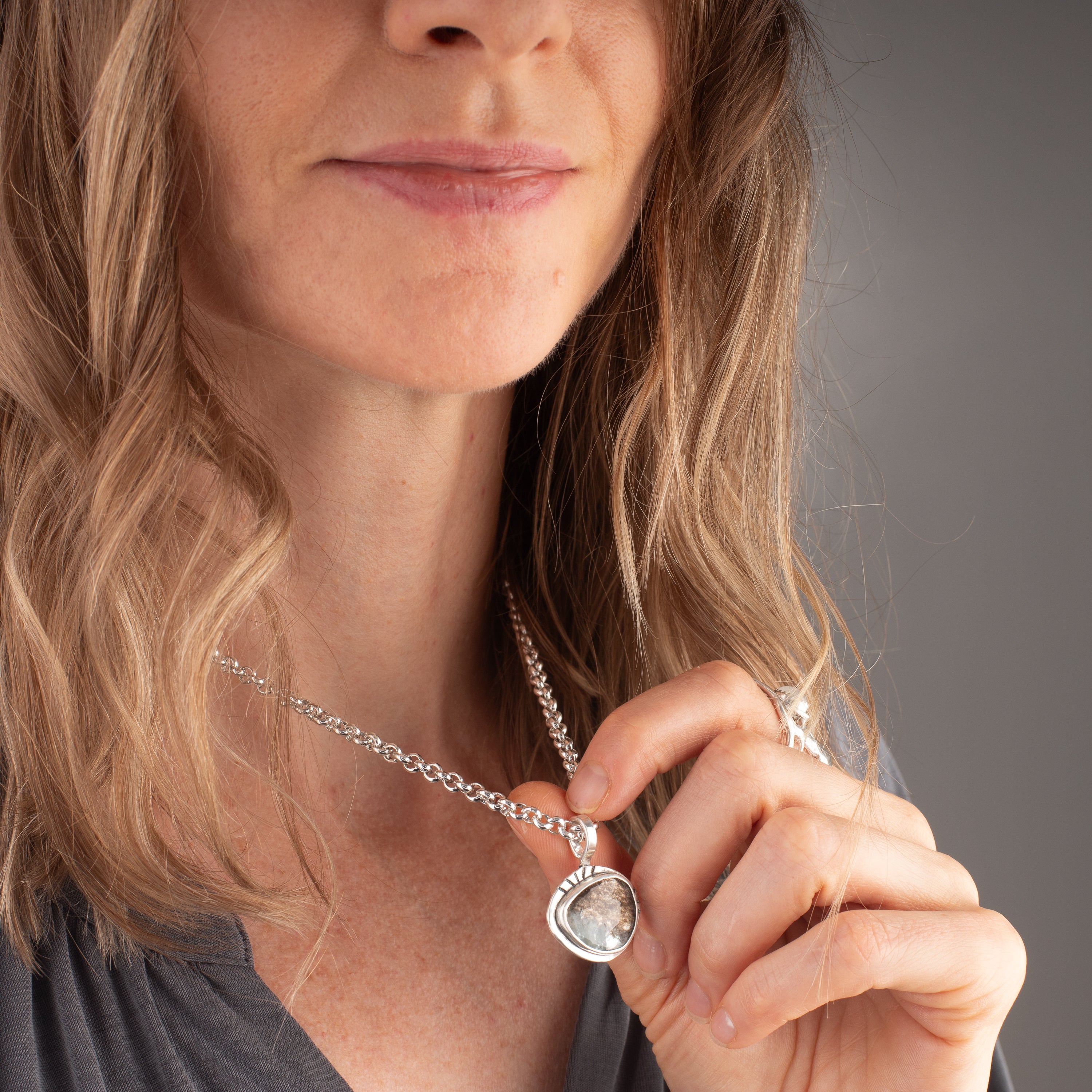 Moss Aquamarine Pendant on Handmade Rolo Chain
