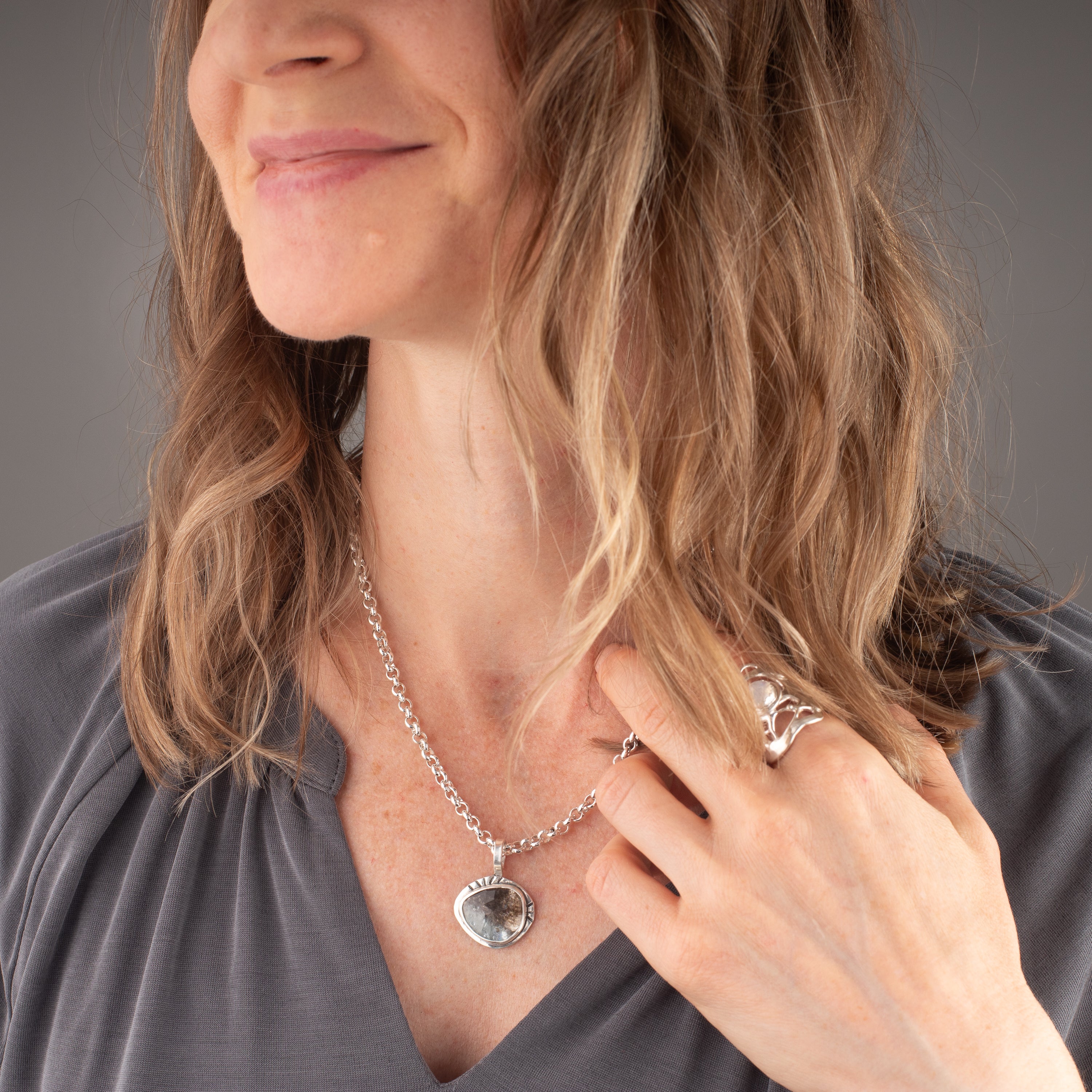 Moss Aquamarine Pendant on Handmade Rolo Chain