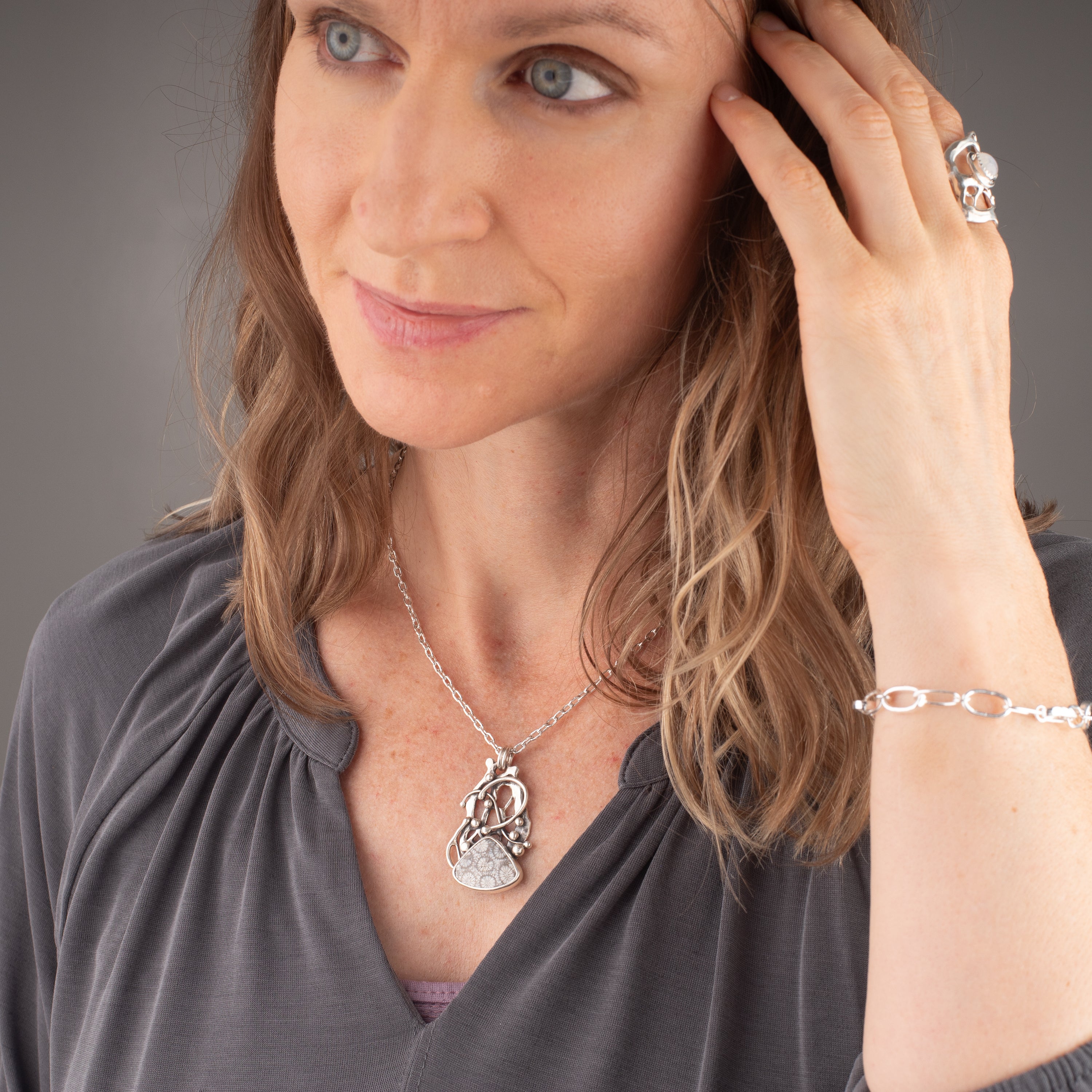 Fossil Coral Pendant on Handmade Chain