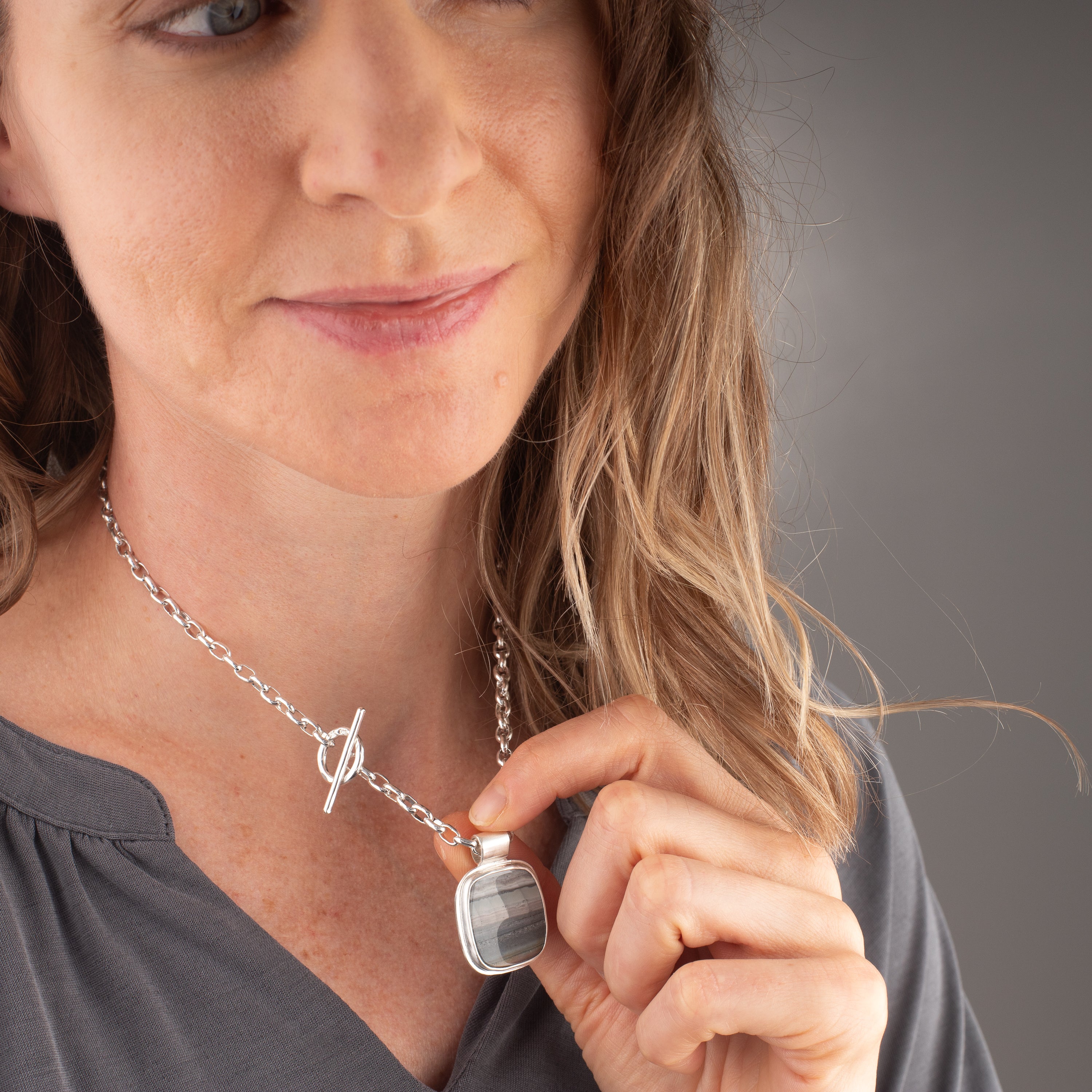 Saturn Agate Pendant on Handmade Toggle Chain