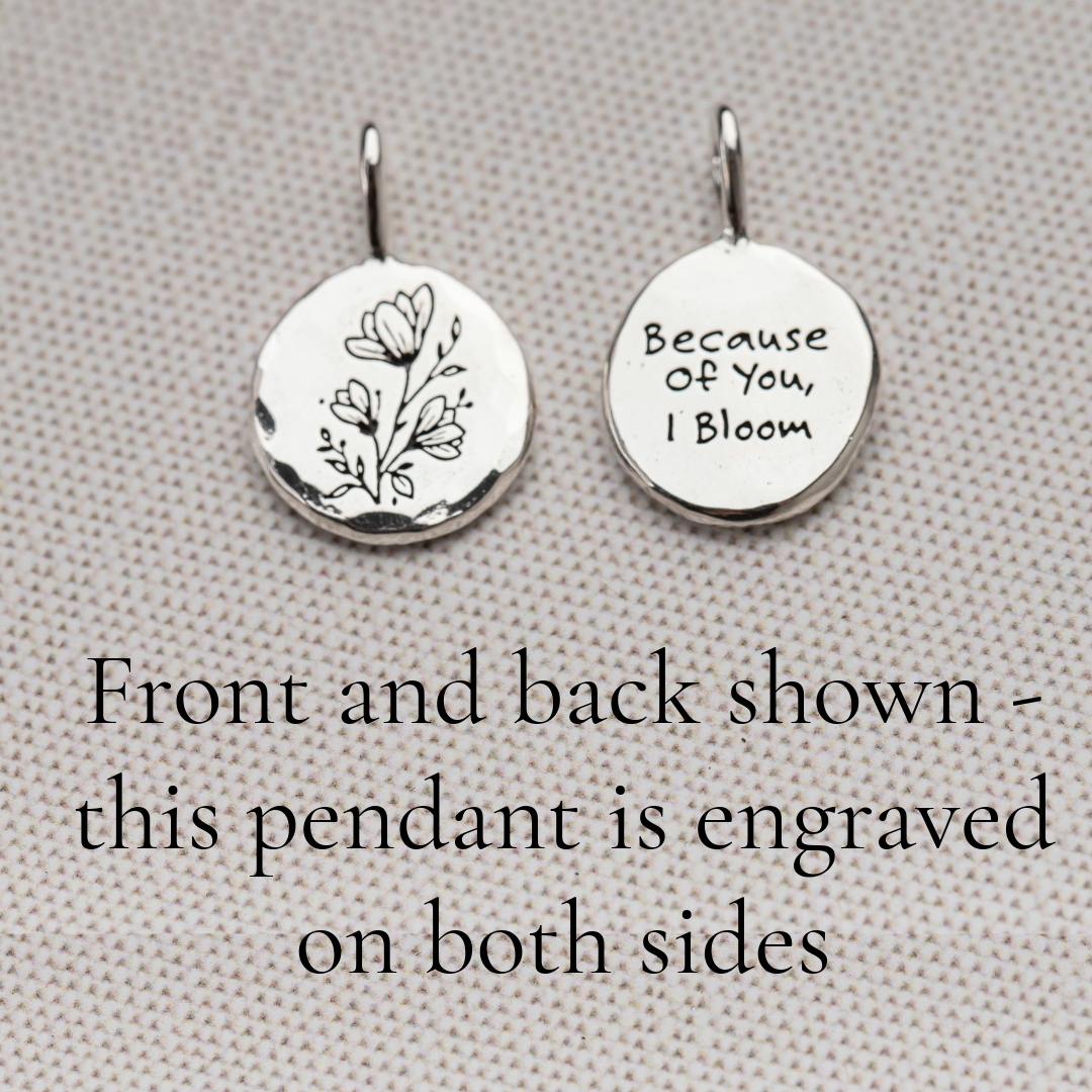 Sterling silver necklace showing front and back engraving