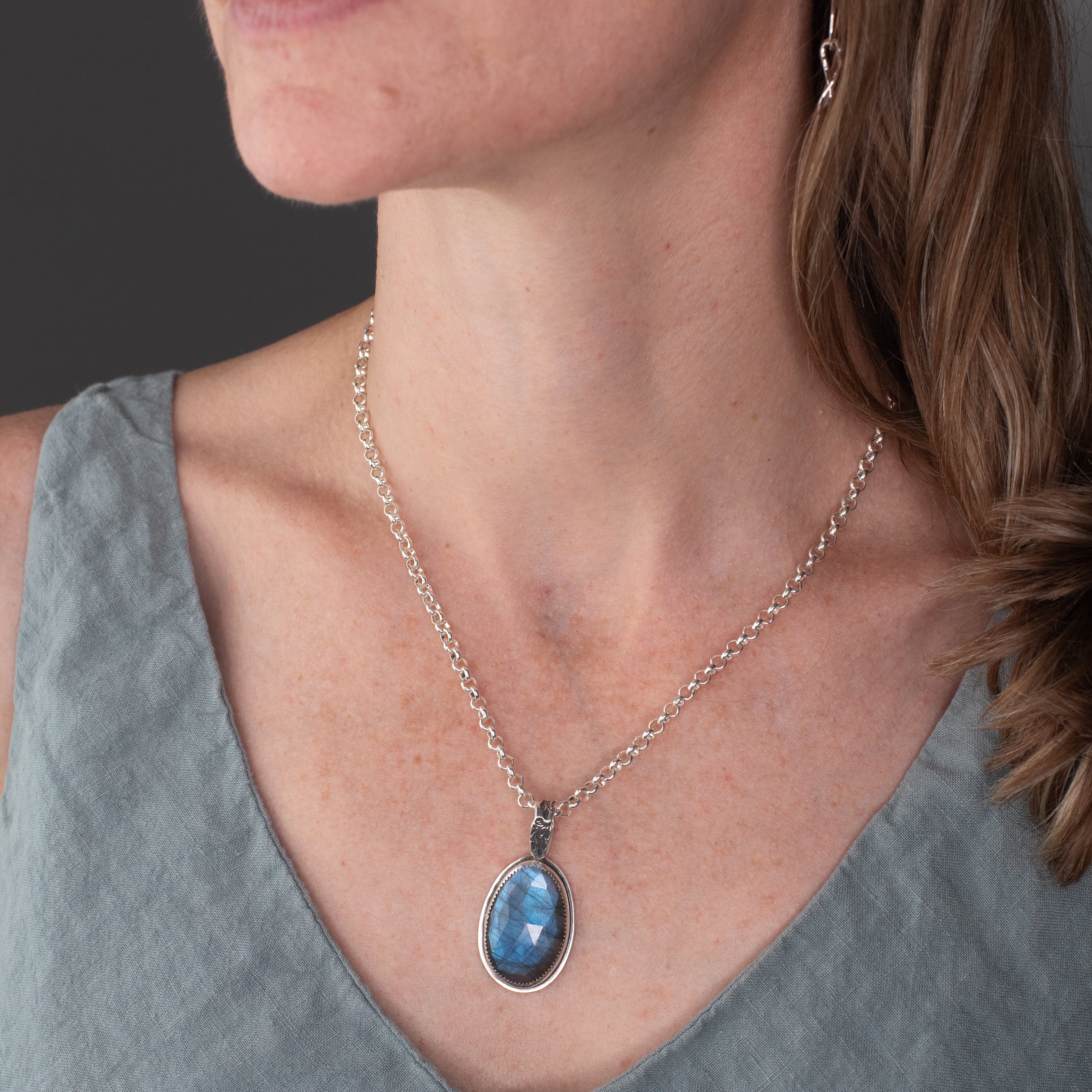 Faceted Labradorite Pendant Necklace with Stamped Bail