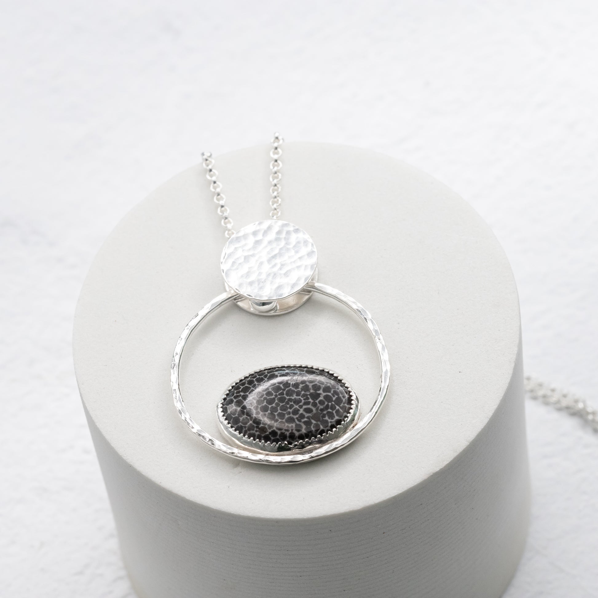 handmade fossilized coral necklace, sterling silver jewelry, statement necklace with hammered silver circle