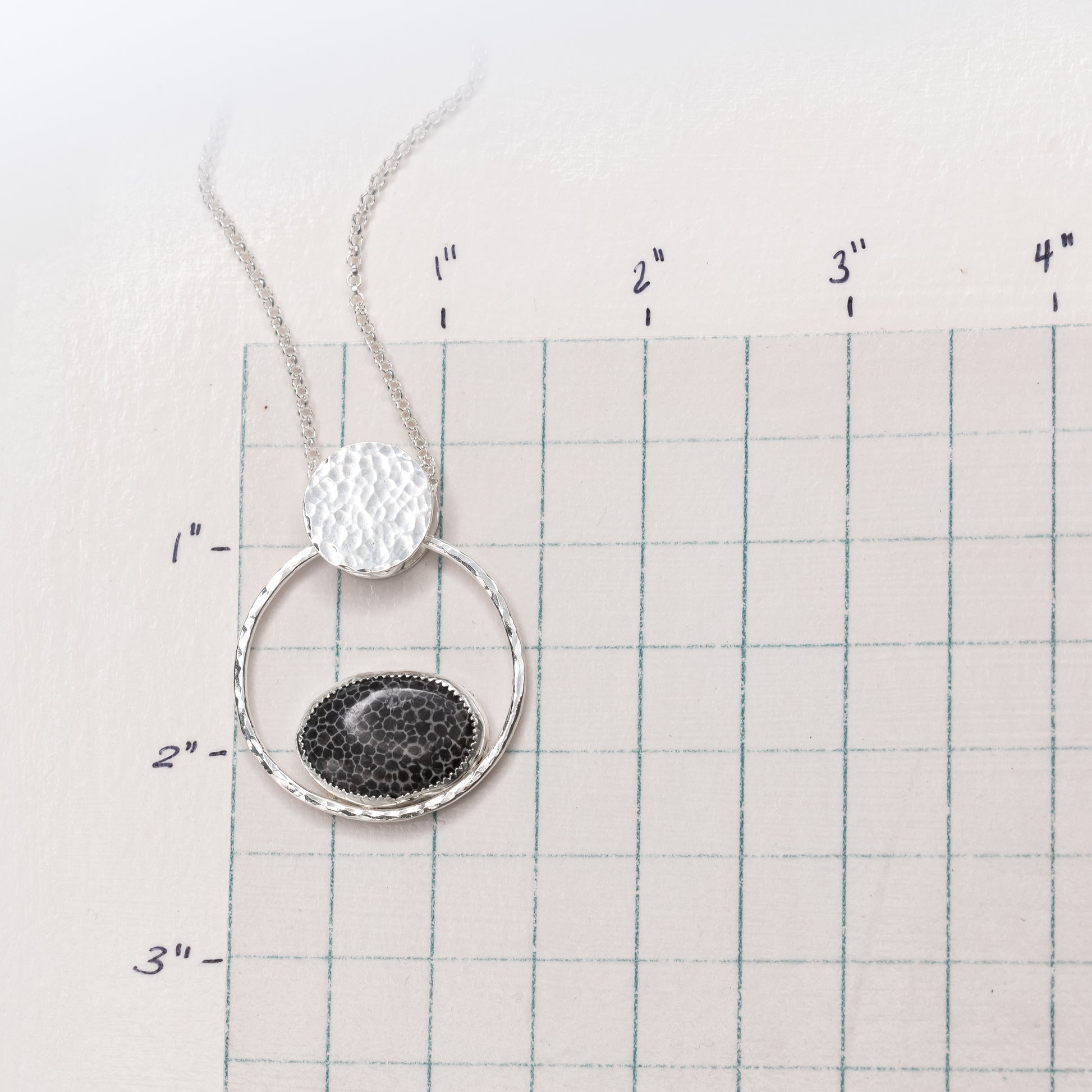 handmade fossilized coral necklace, sterling silver jewelry, statement necklace with hammered silver circle