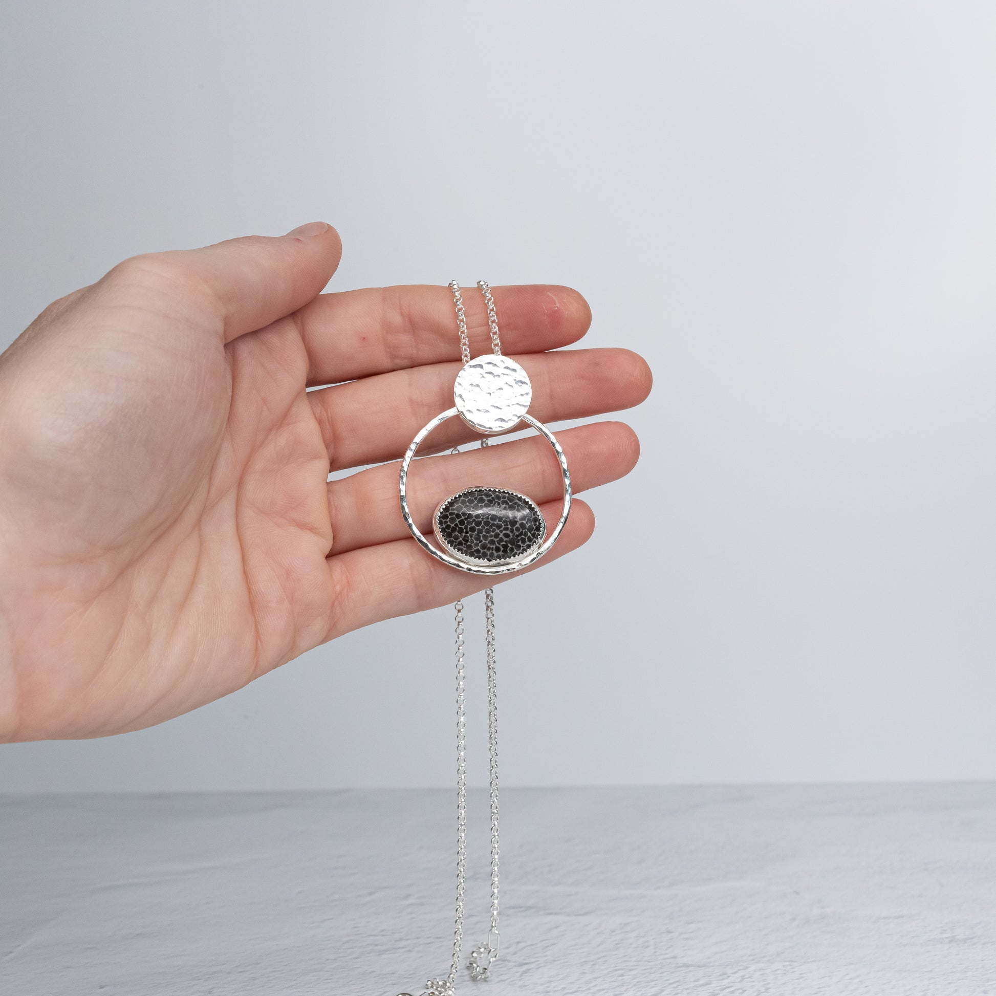 handmade fossilized coral necklace, sterling silver jewelry, statement necklace with hammered silver circle
