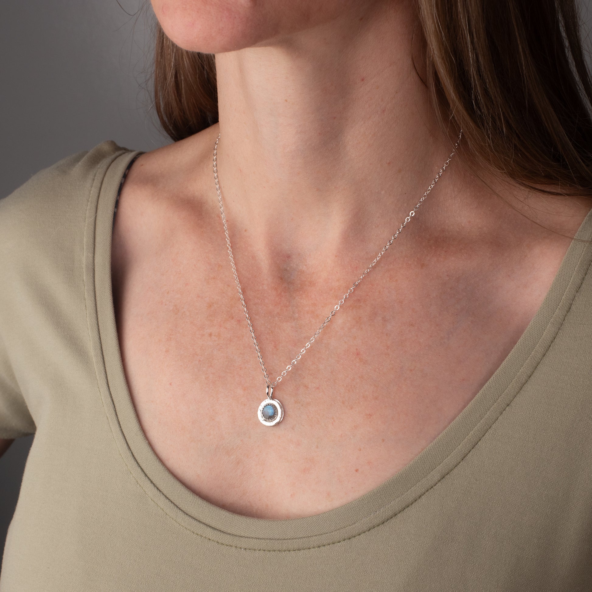 Handmade Labradorite Necklace being worn on a model