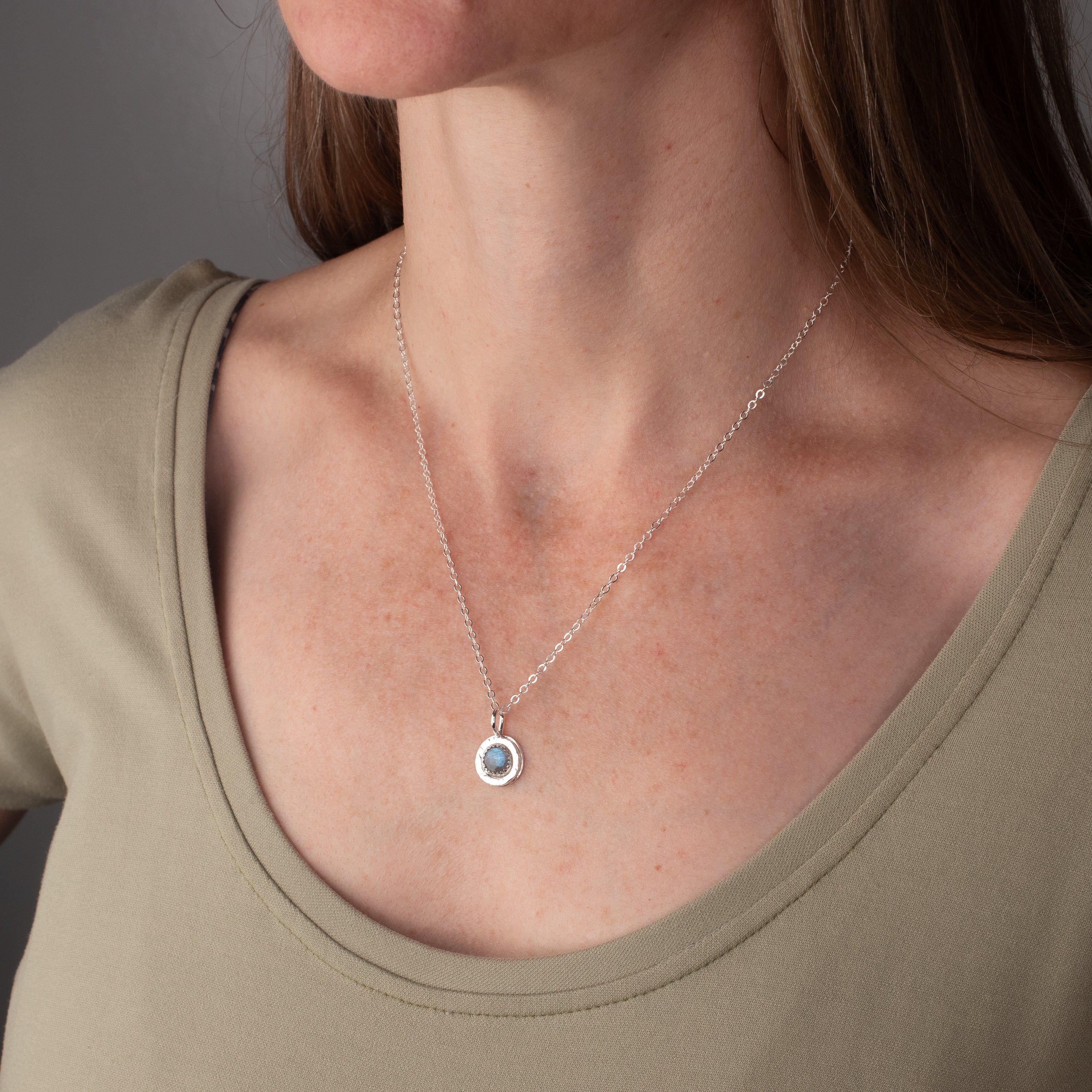 Handmade Labradorite Necklace being worn on a model