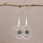 Sterling Silver Labradorite earrings with circular designs hanging from a branch against a beige background