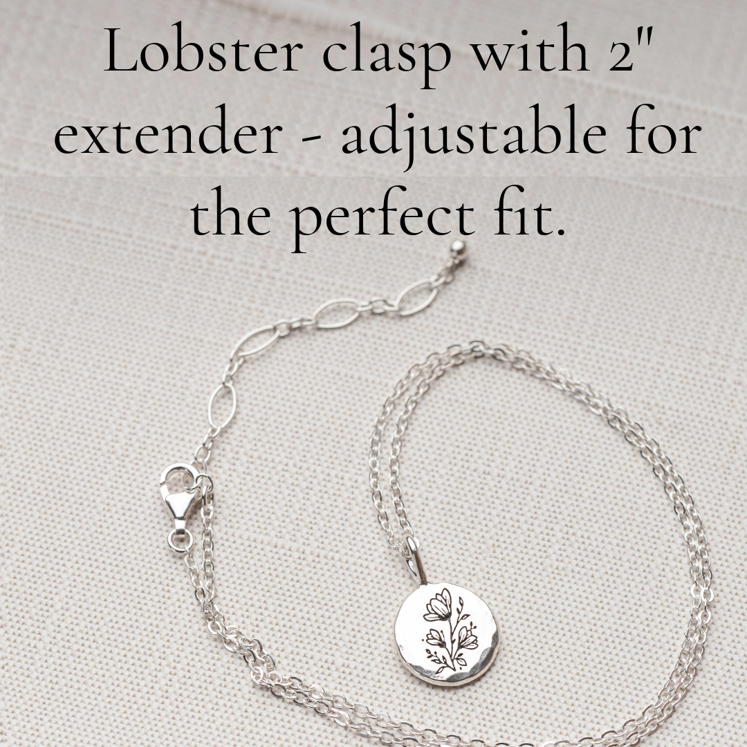 Sterling silver thank you necklace displayed with adjustable extender chain