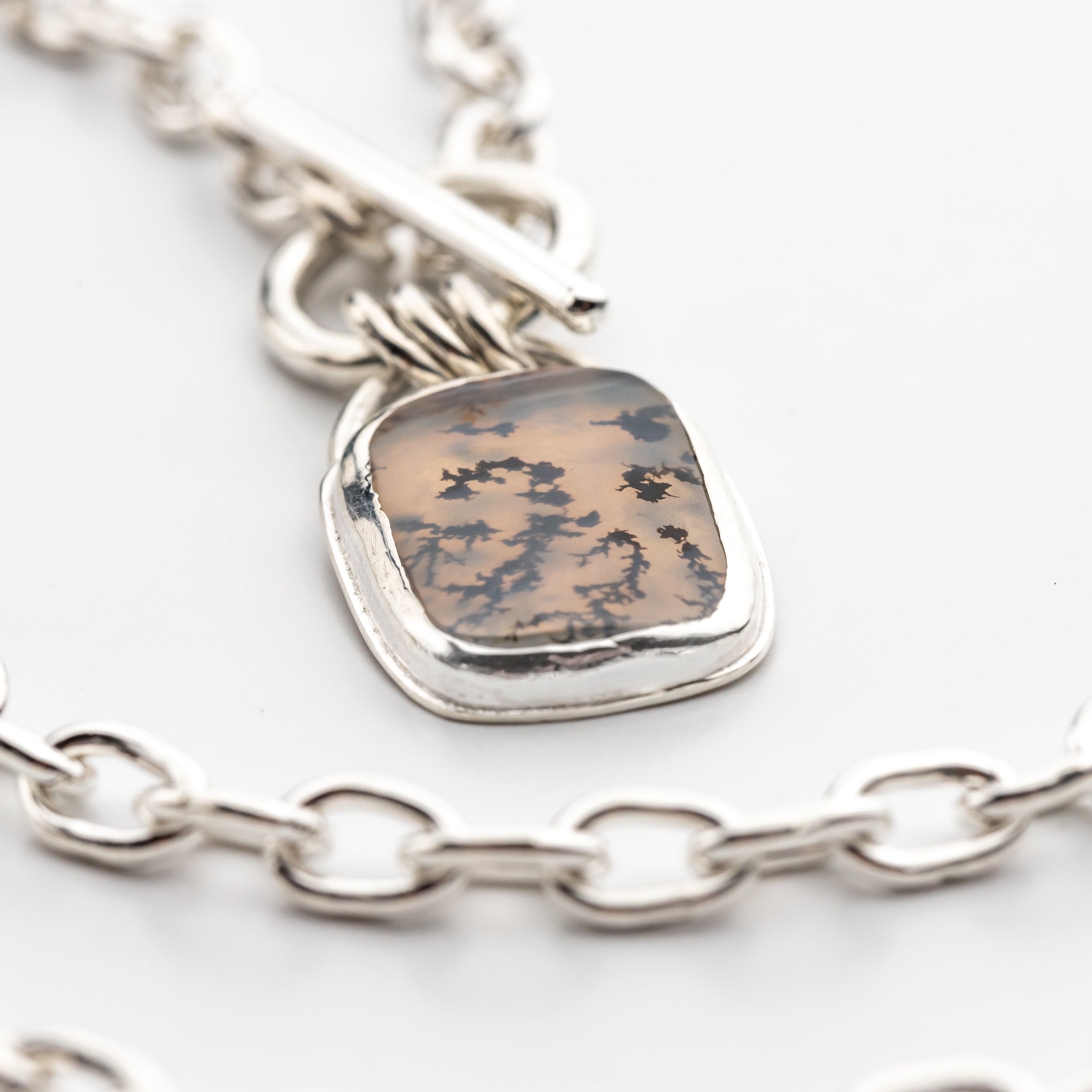 Handmade Sterling Silver Chain with Bezel Set Dendritic Agate Pendant and Toggle Clasp, One of a Kind Artisan Silver Jewelry, Argentium Chain